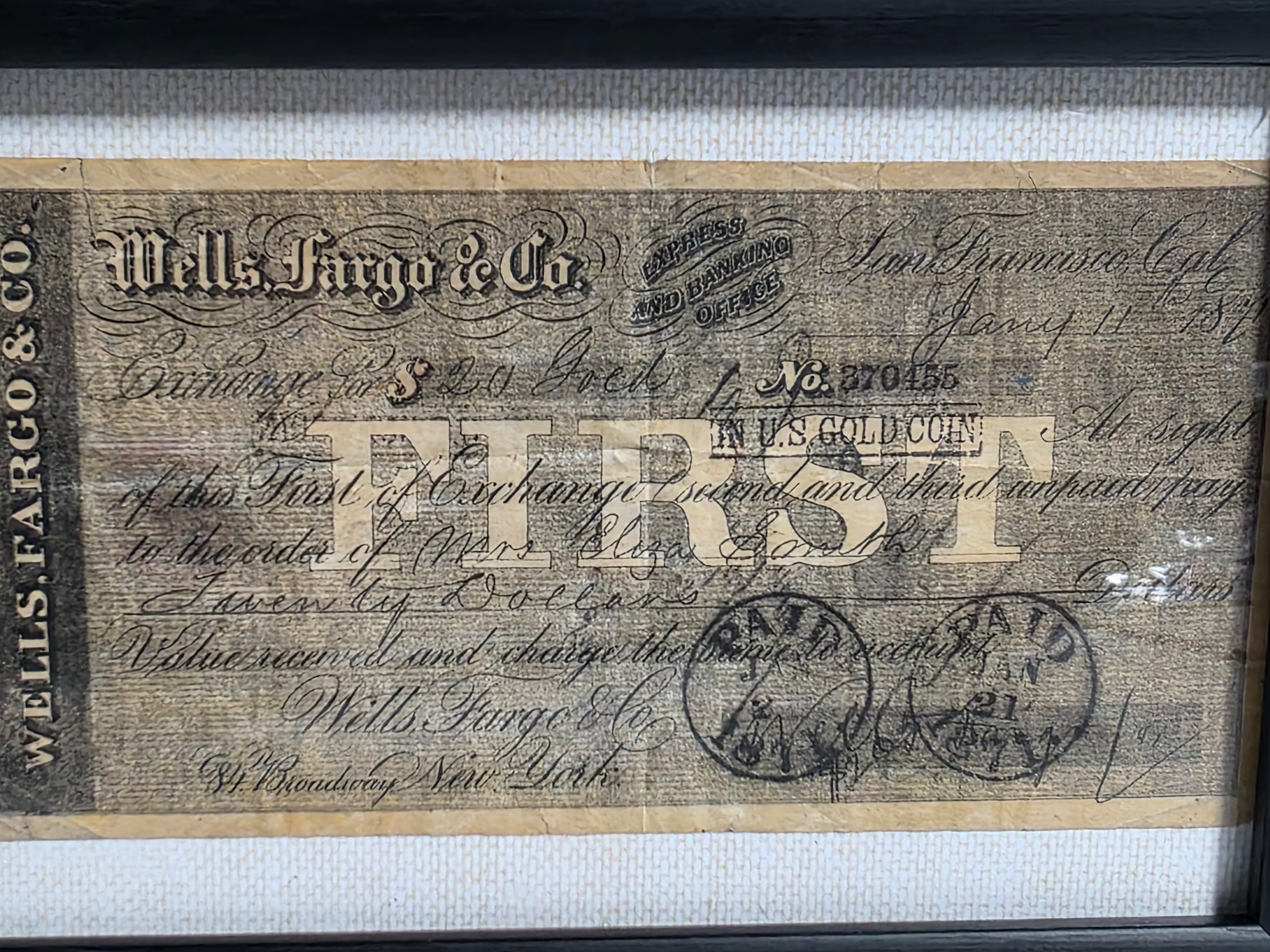 Vintage 1871 Wells Fargo & Co. Express Draft Framed Historical Banking Ephemera Collectible