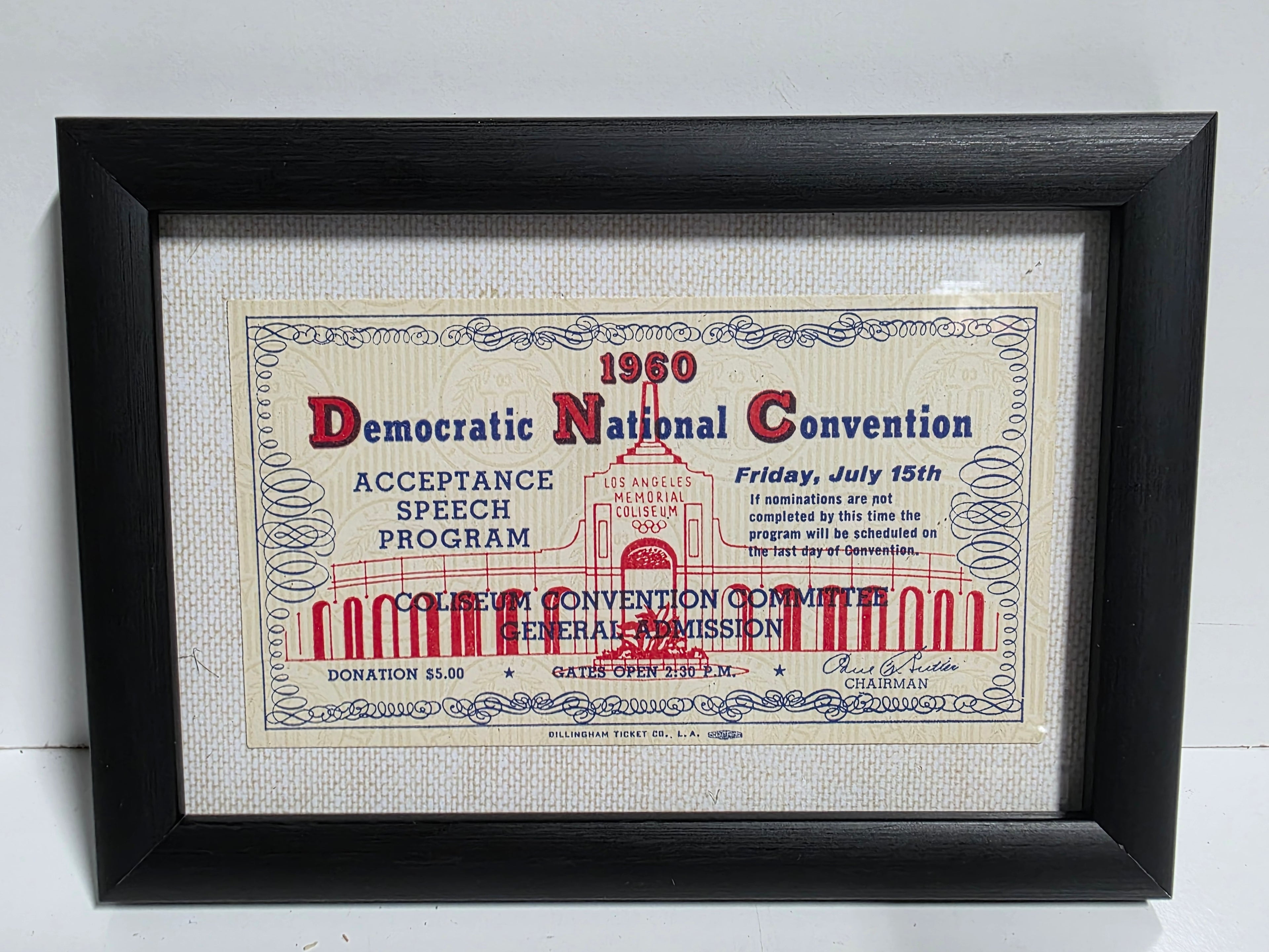 Vintage 1960 Democratic National Convention Acceptance Speech Ticket Framed Political Memorabilia