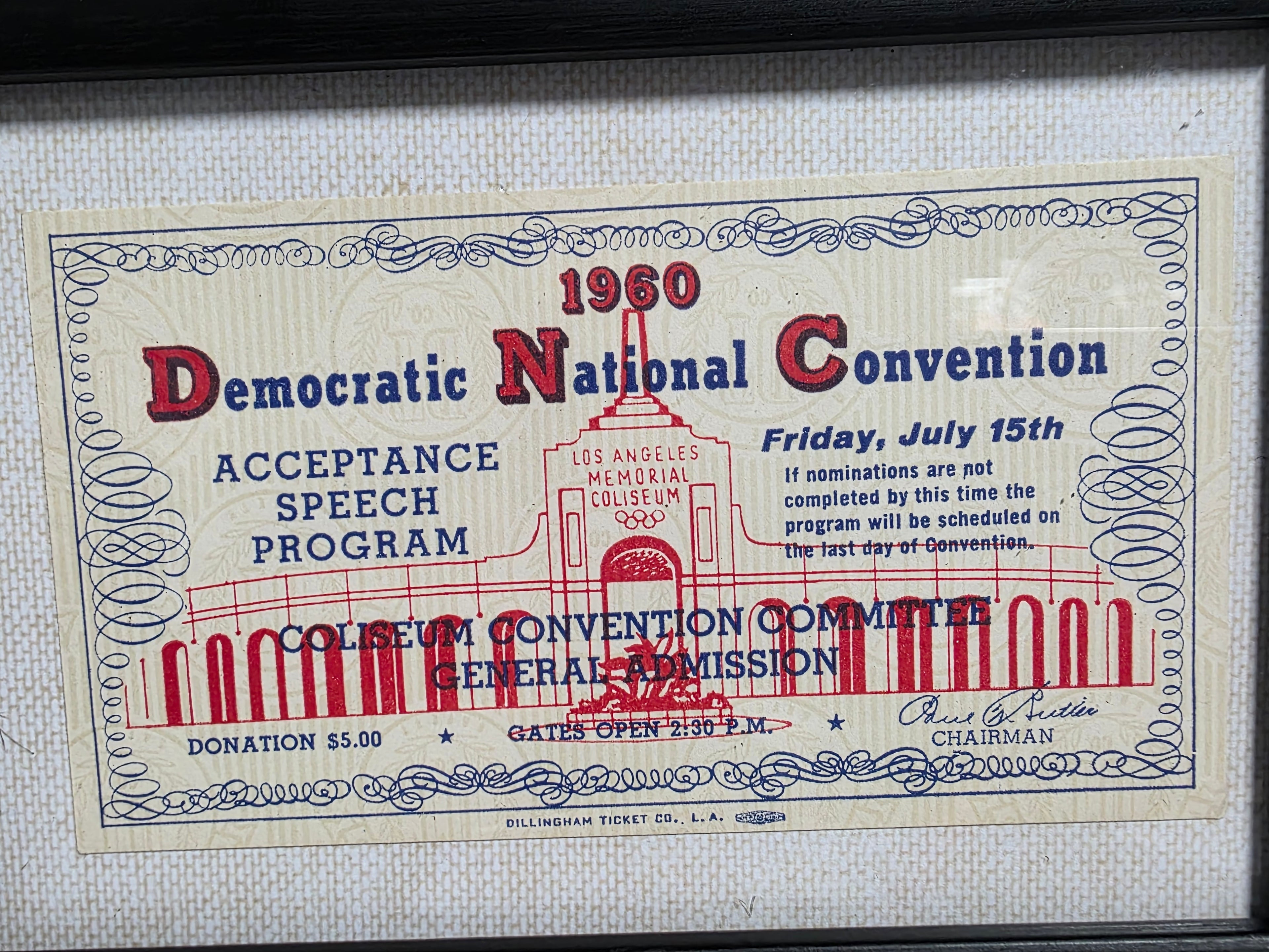 Vintage 1960 Democratic National Convention Acceptance Speech Ticket Framed Political Memorabilia