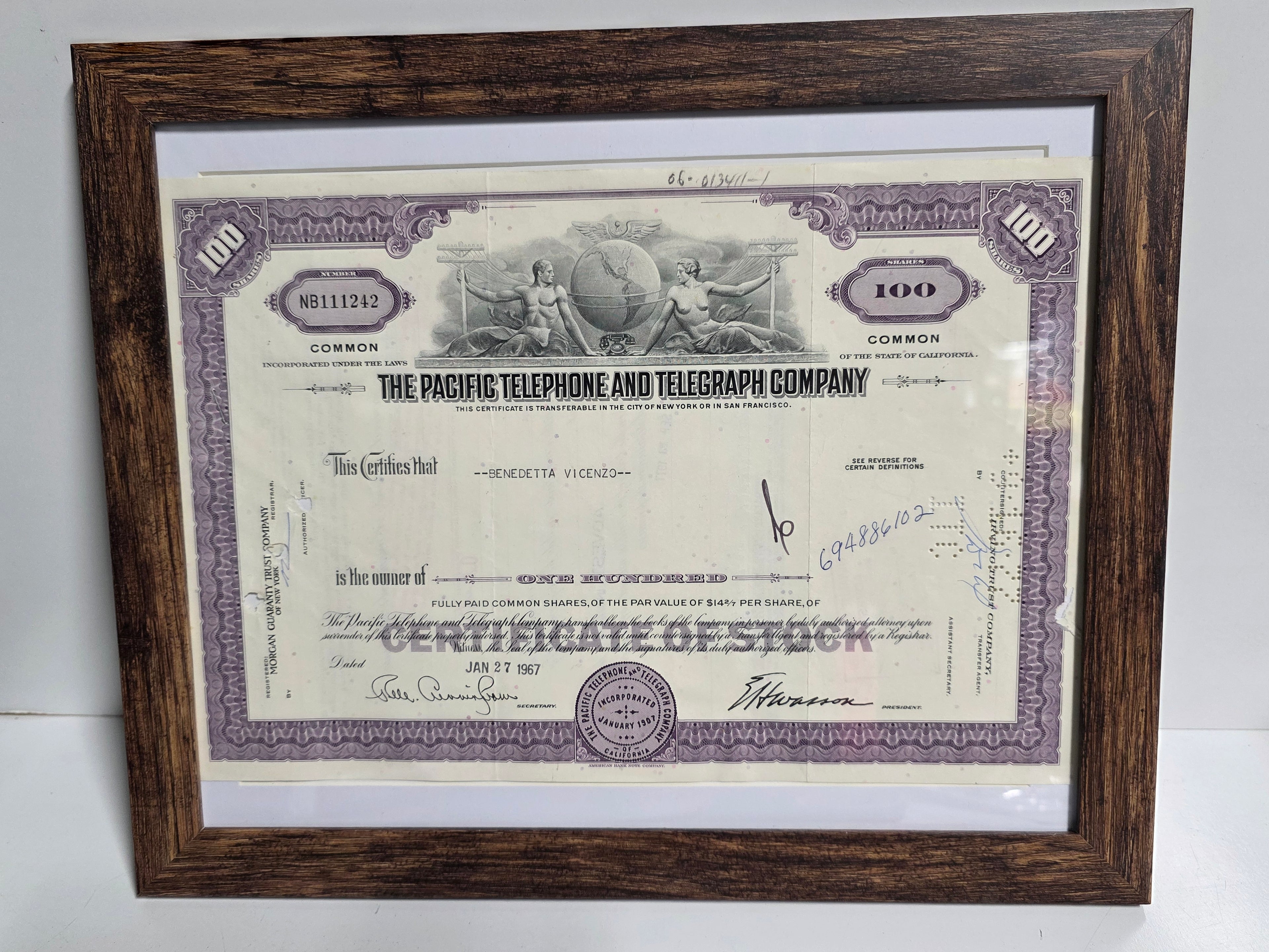 Framed 1967 Pacific Telephone & Telegraph Company Stock Certificate – Vintage Historical Decor