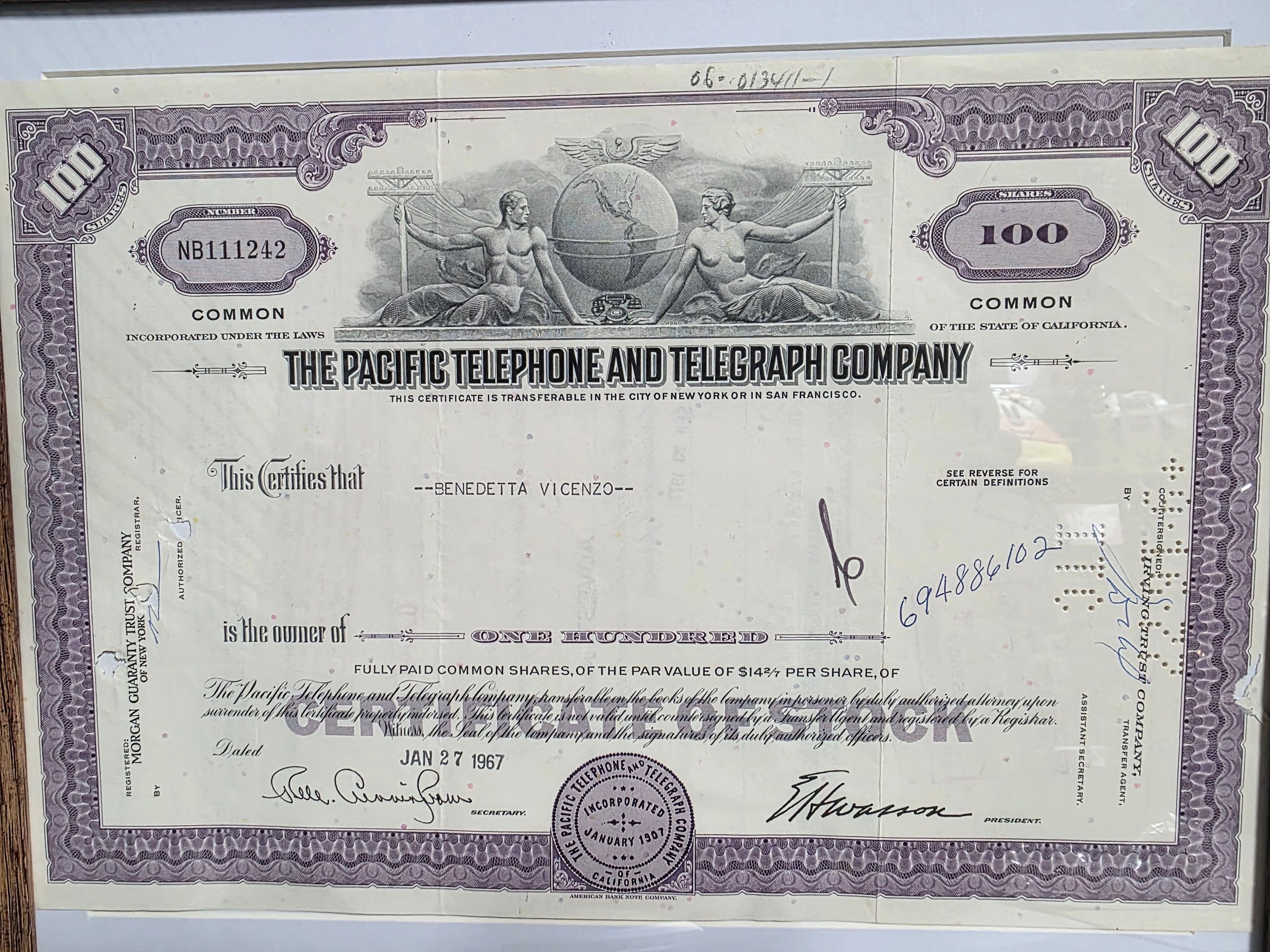 Framed 1967 Pacific Telephone & Telegraph Company Stock Certificate – Vintage Historical Decor