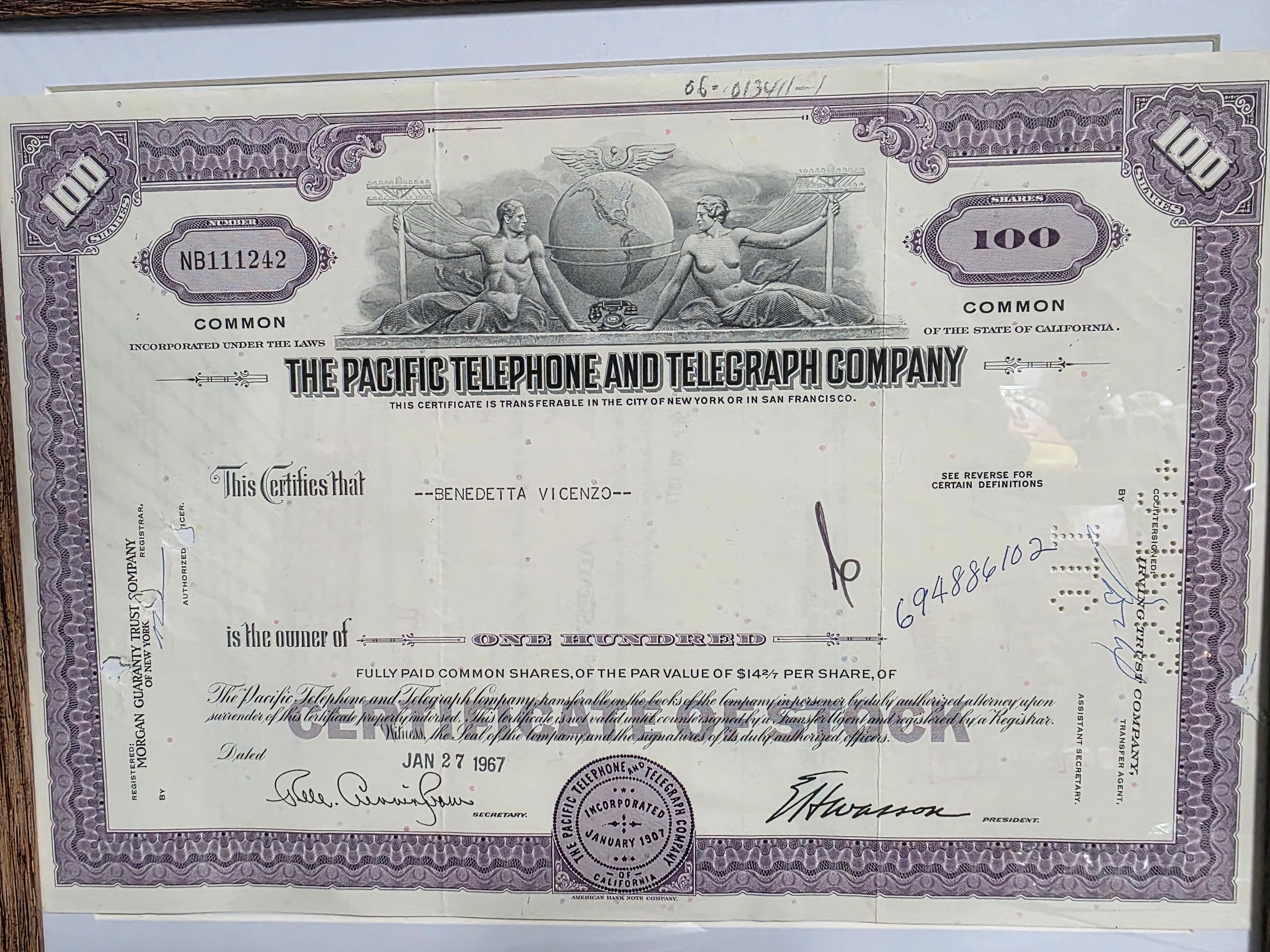 Framed 1967 Pacific Telephone & Telegraph Company Stock Certificate – Vintage Historical Decor