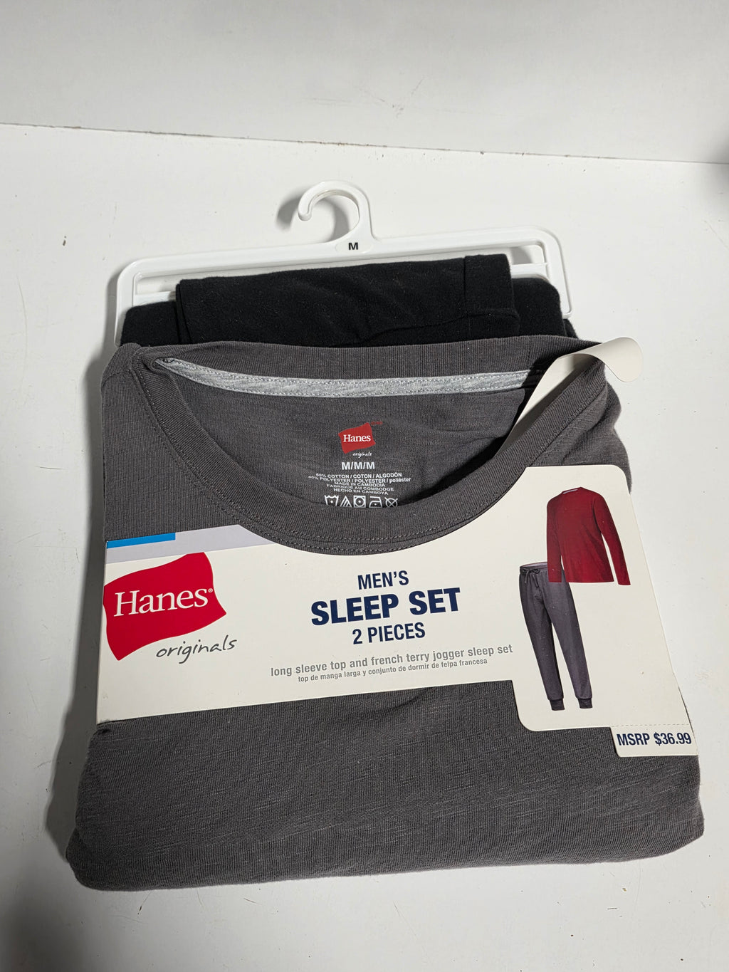 Hanes Originals Mens Medium 2 Piece Sleep Set Long Sleeve Top and Jogger Pants Grey Black