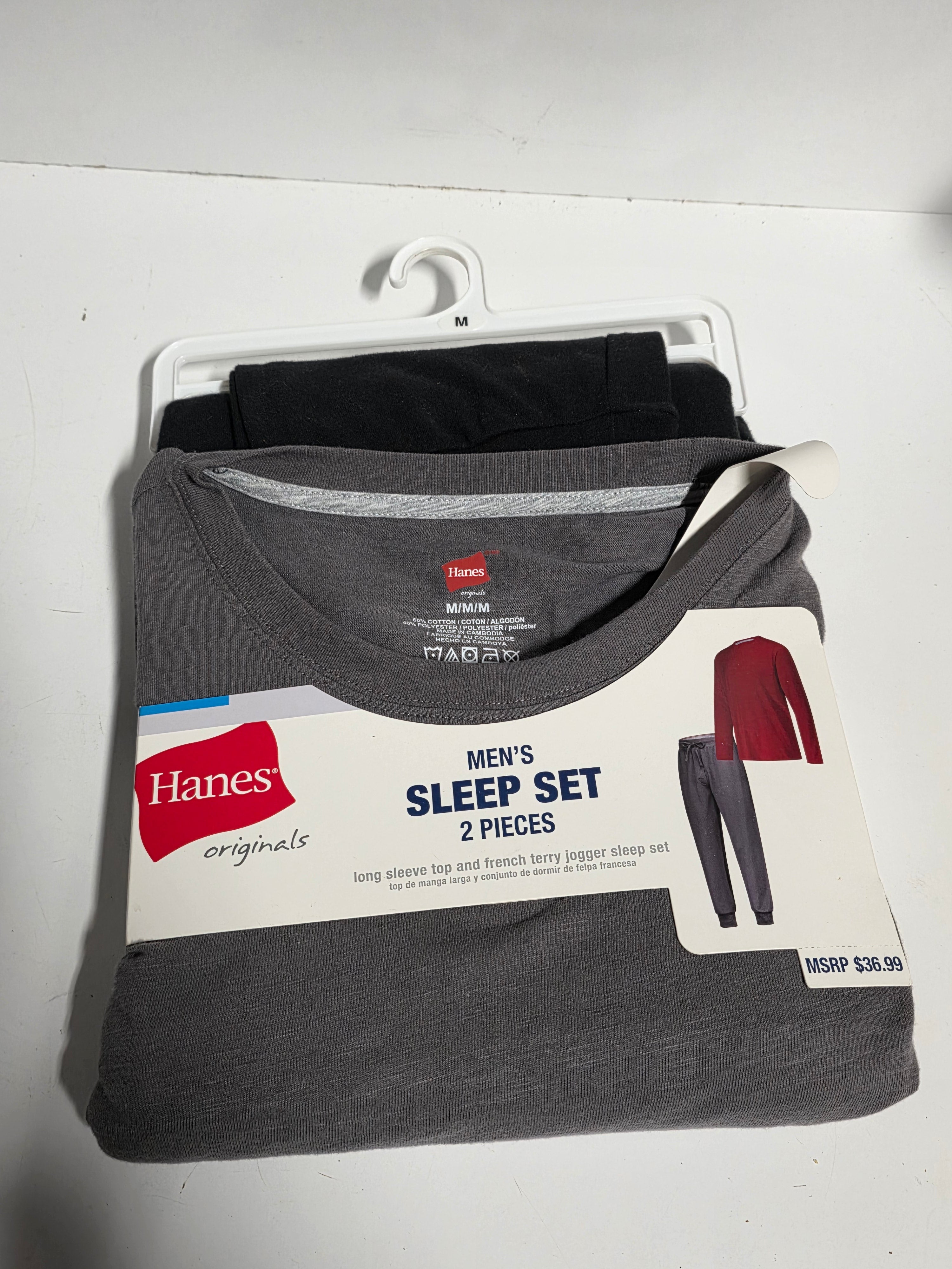 Hanes Originals Mens Medium 2 Piece Sleep Set Long Sleeve Top and Jogger Pants Grey Black