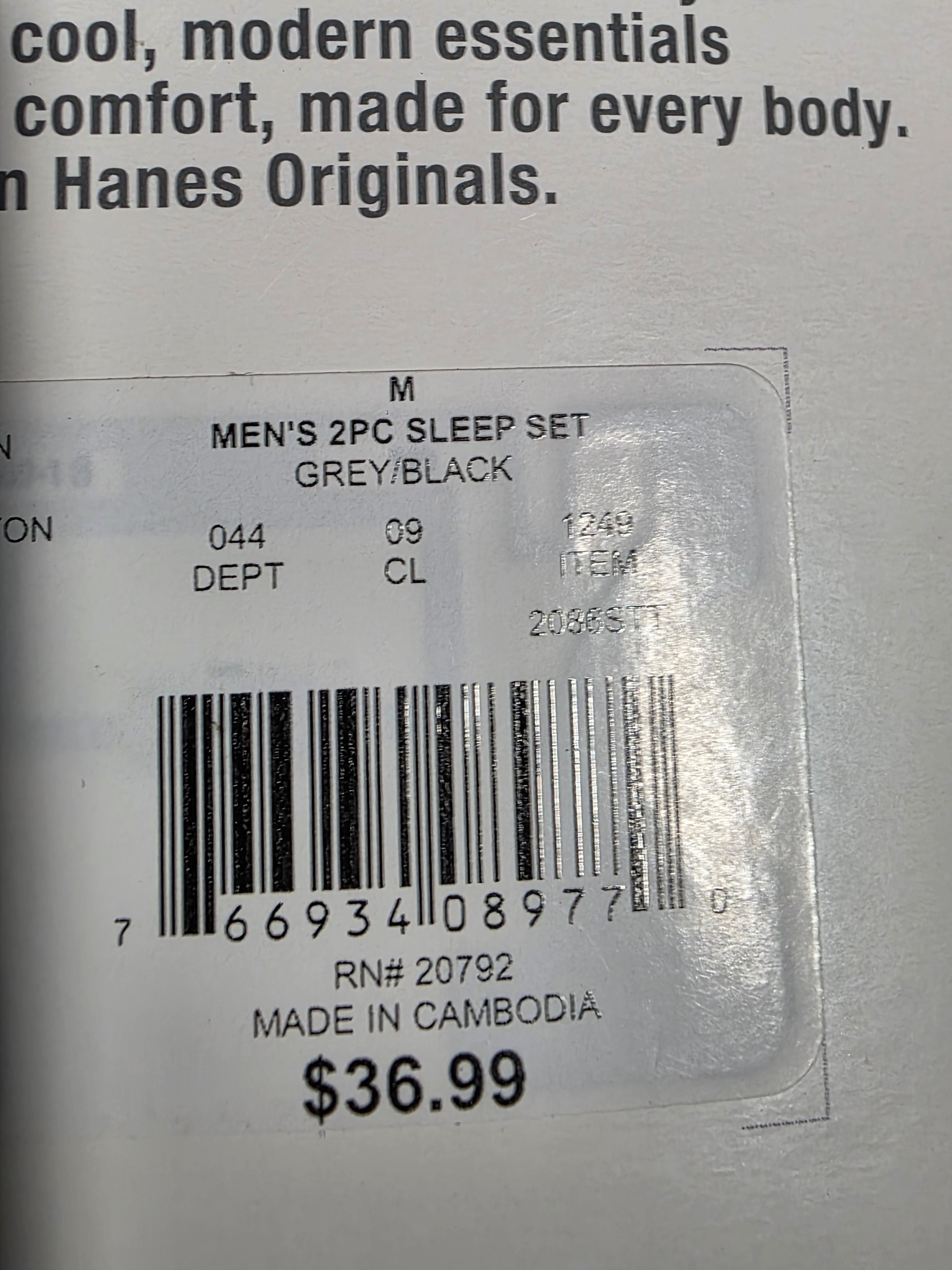 Hanes Originals Mens Medium 2 Piece Sleep Set Long Sleeve Top and Jogger Pants Grey Black