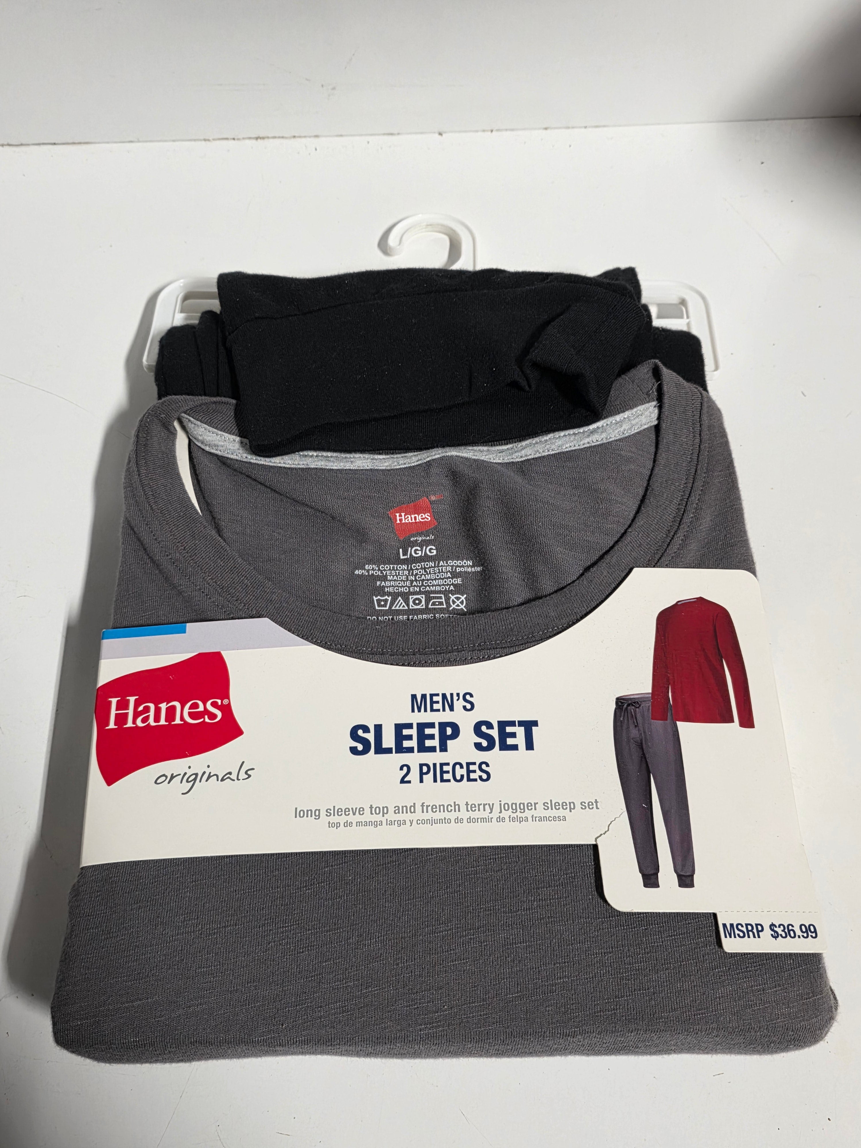 Hanes Originals Mens Large 2 Piece Sleep Set Long Sleeve Top and Jogger Pants Grey Black