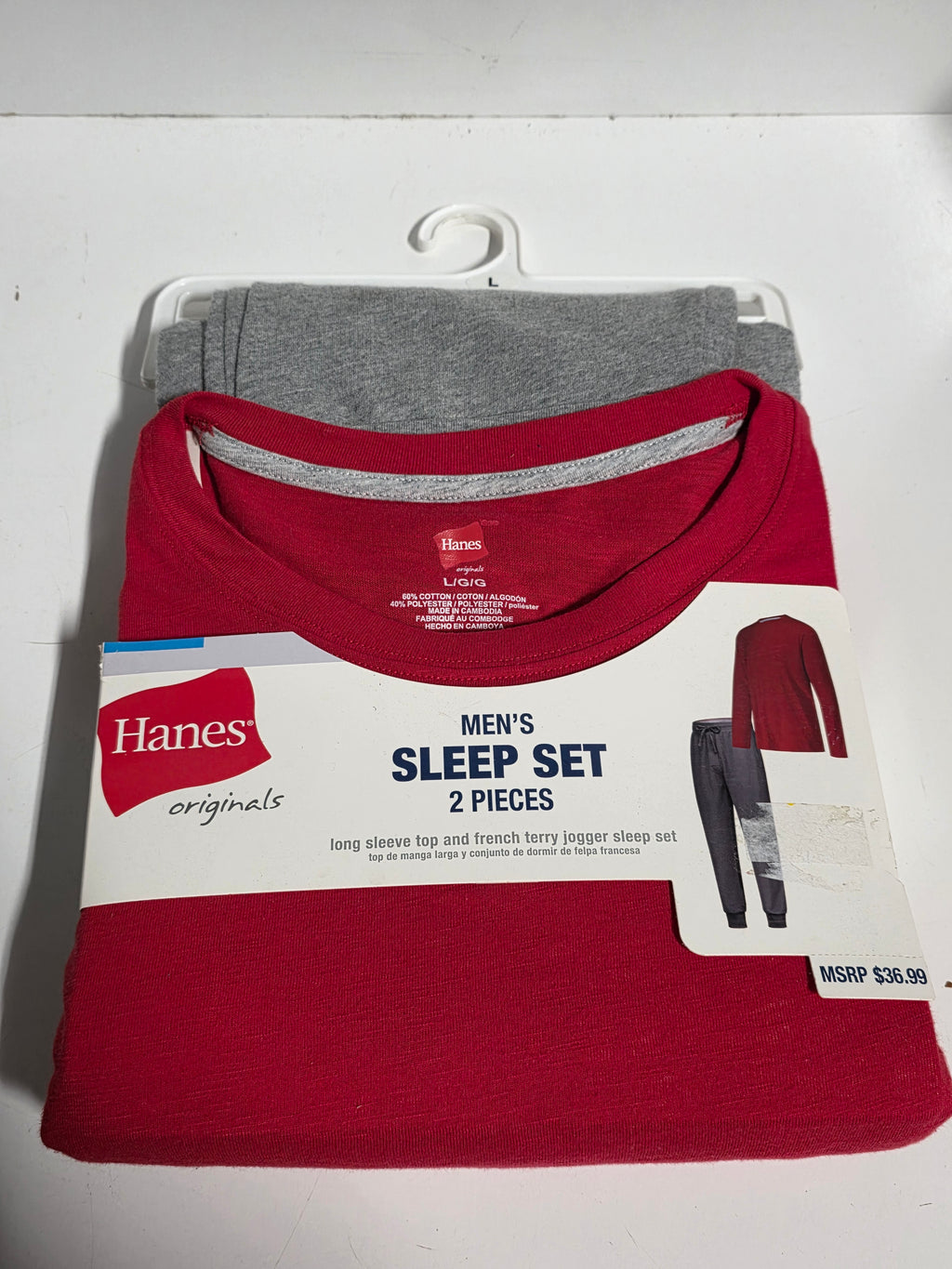 Hanes Originals Mens Large 2 Piece Sleep Set Long Sleeve Top and Jogger Pants Red Grey