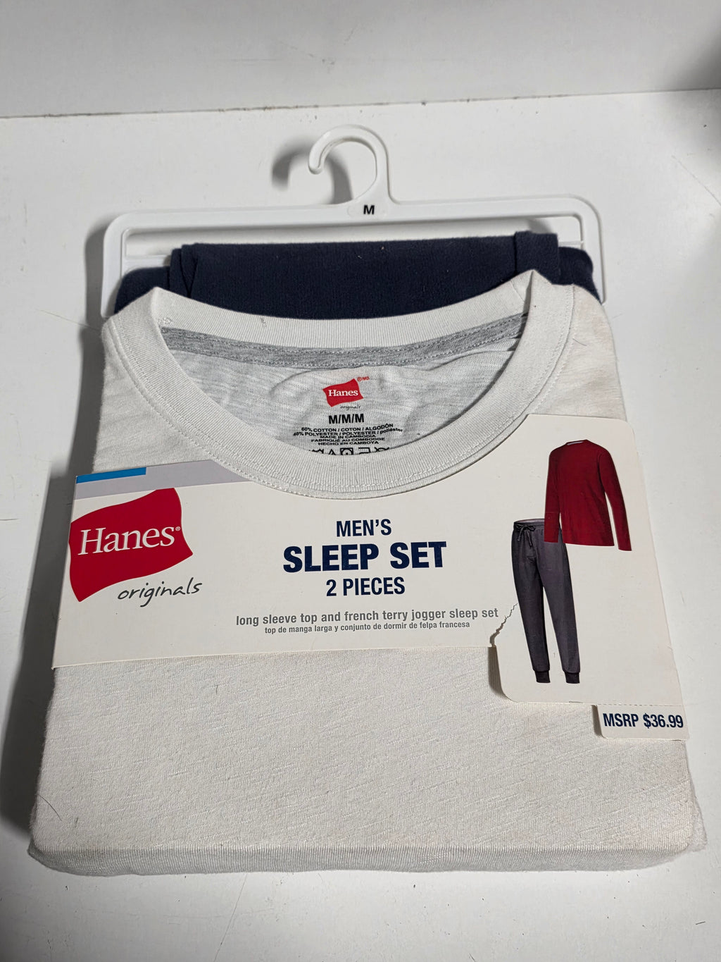 Hanes Originals Mens Medium 2 Piece Sleep Set Long Sleeve Top and Jogger Pants White Indigo