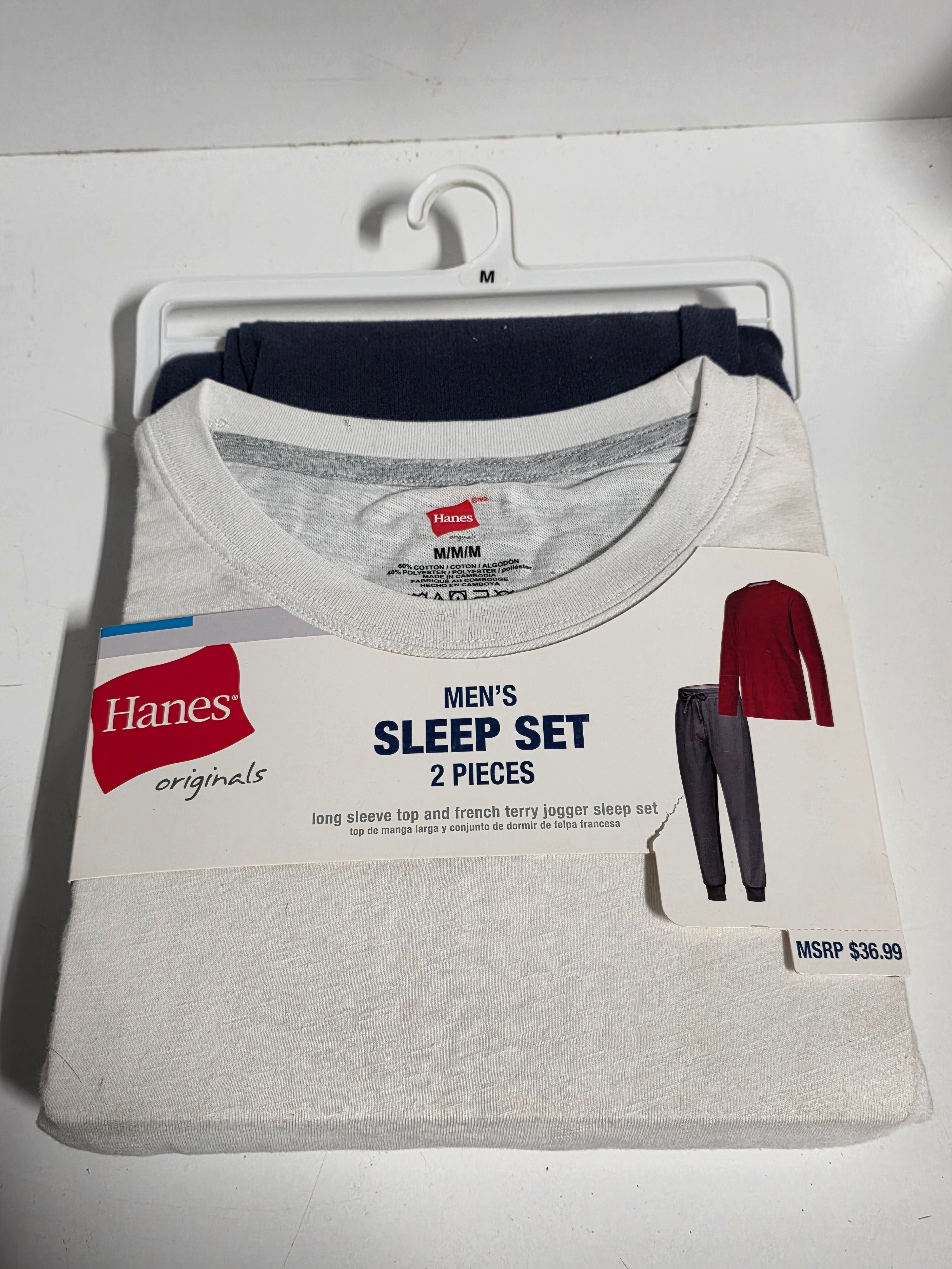 Hanes Originals Mens Medium 2 Piece Sleep Set Long Sleeve Top and Jogger Pants White Indigo