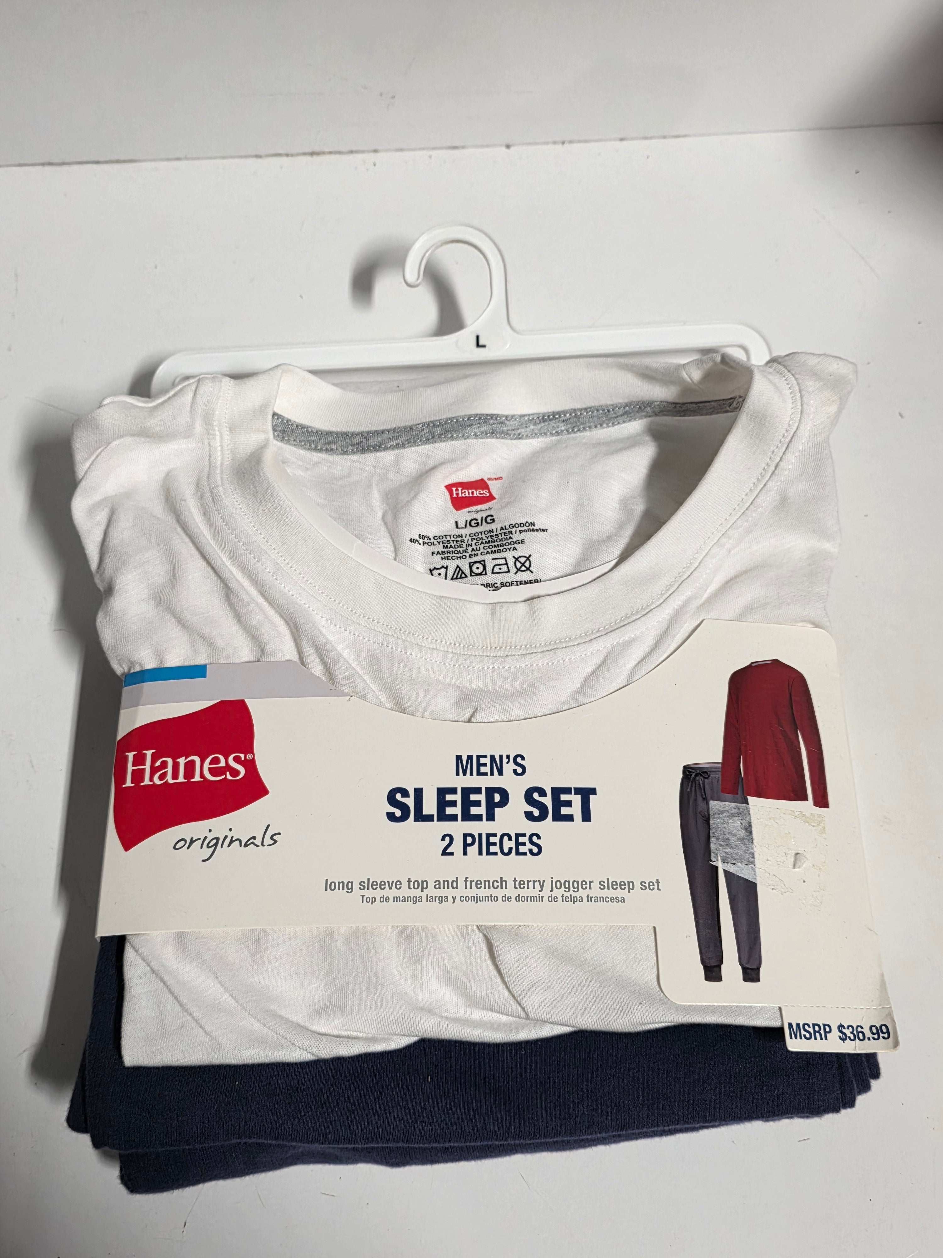Hanes Originals Mens Large 2 Piece Sleep Set Long Sleeve Top and Jogger Pants White Indigo