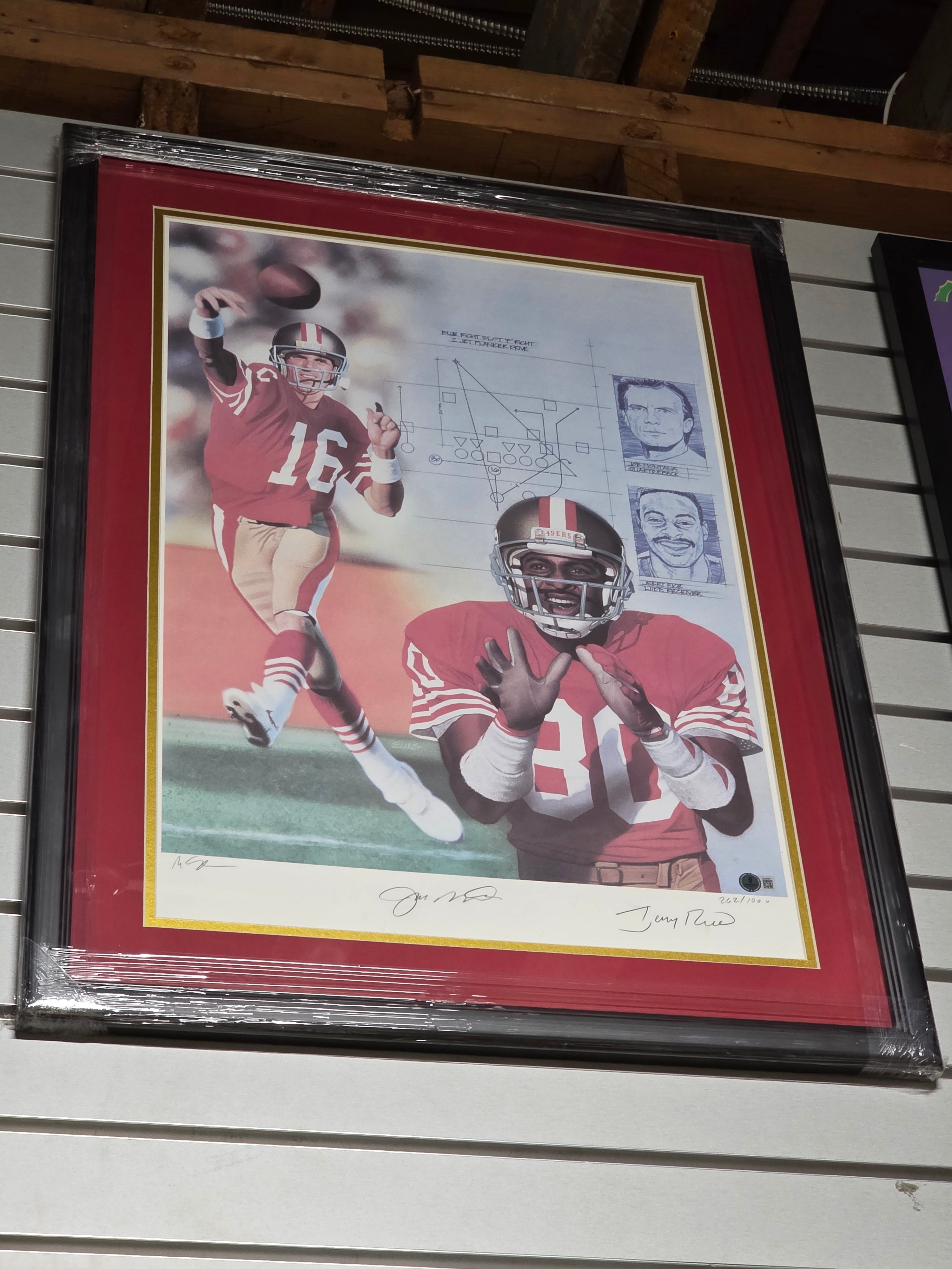 Vintage 49ers Jerry Rice Joe Montana Dual Autographed Framed Football Art Collectible