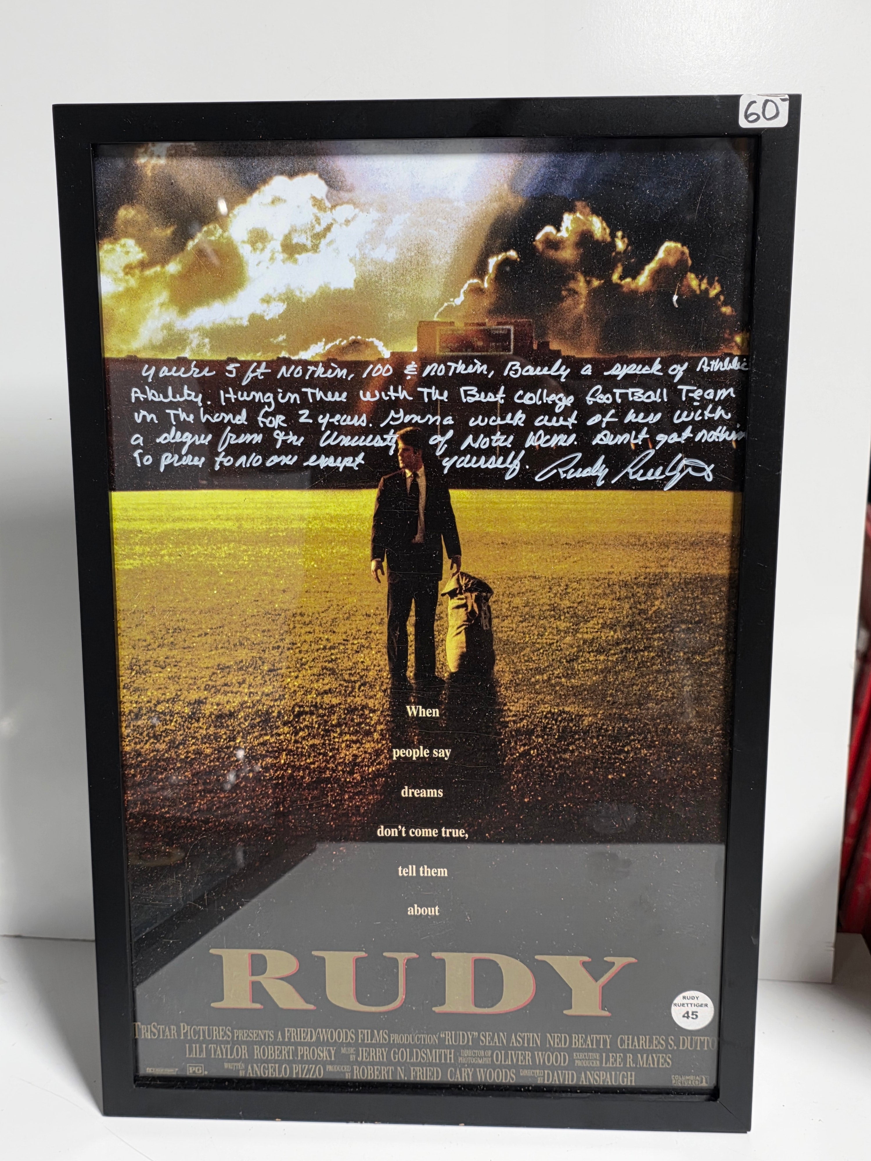 Rudy Ruettiger Signed 11x17 Framed Rudy Movie Poster Inscribed Autographed Display Art