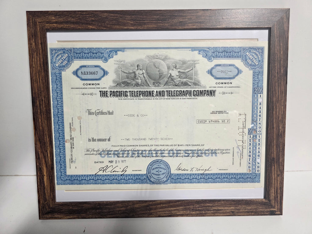 Vintage Pacific Telephone Telegraph Company Framed Stock Certificate Wall Art