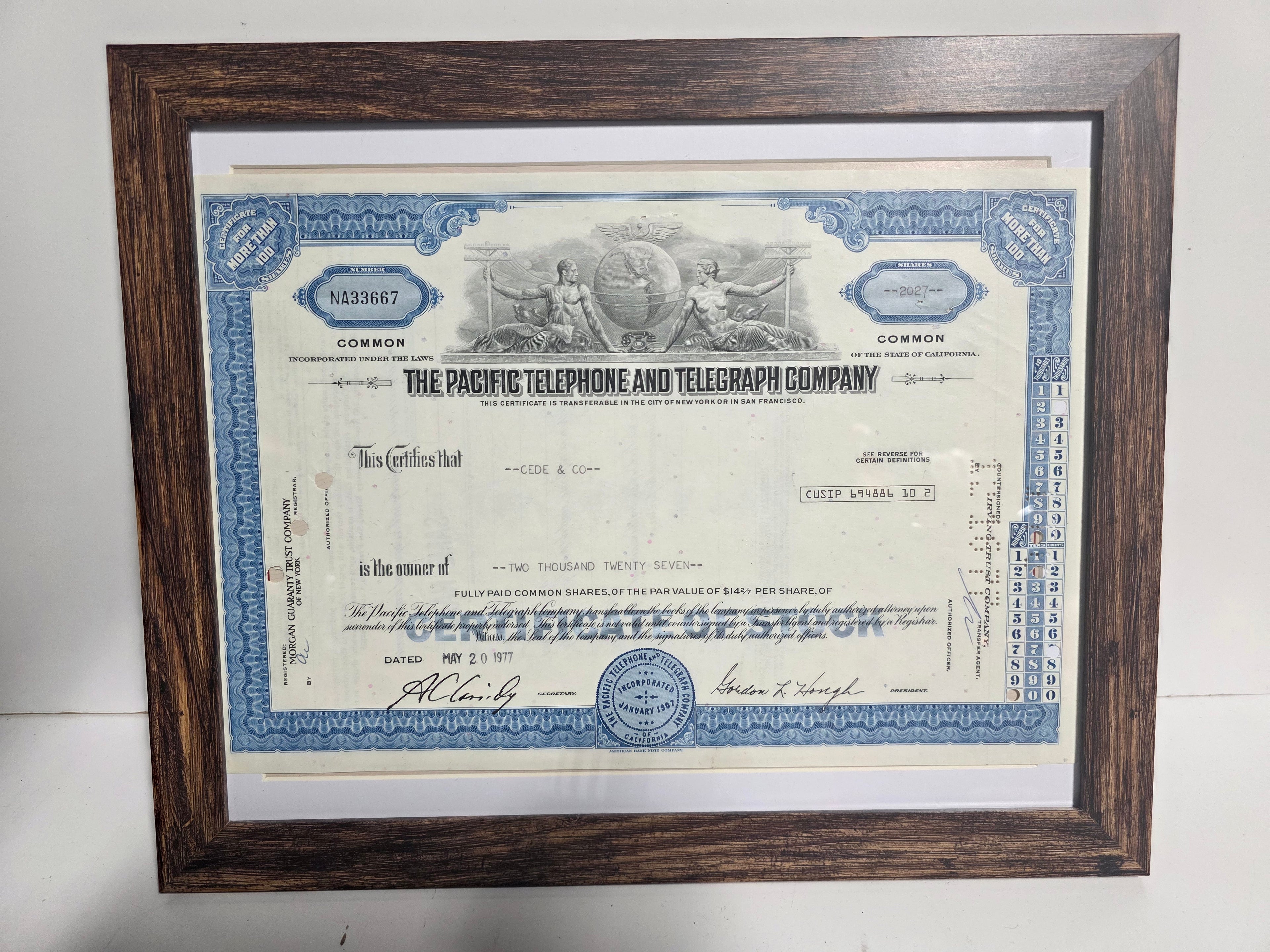 Vintage Pacific Telephone Telegraph Company Framed Stock Certificate Wall Art