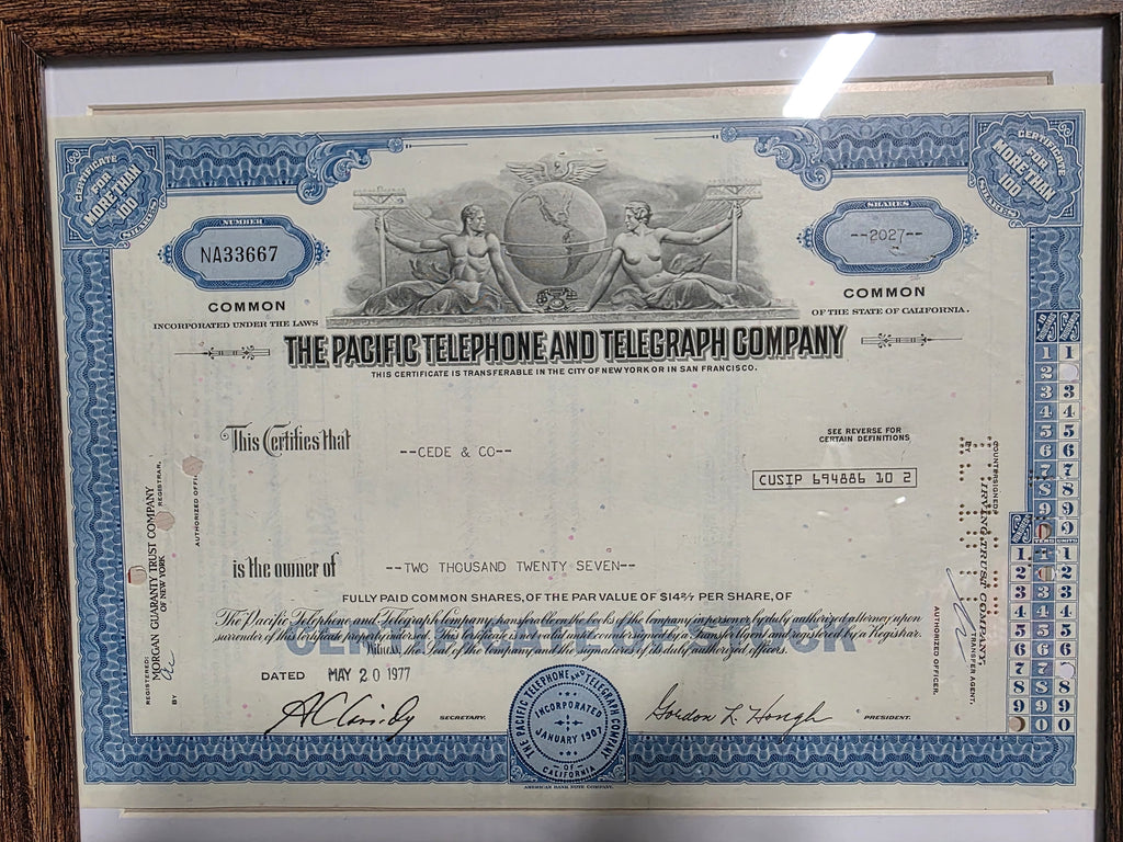 Vintage Pacific Telephone Telegraph Company Framed Stock Certificate Wall Art