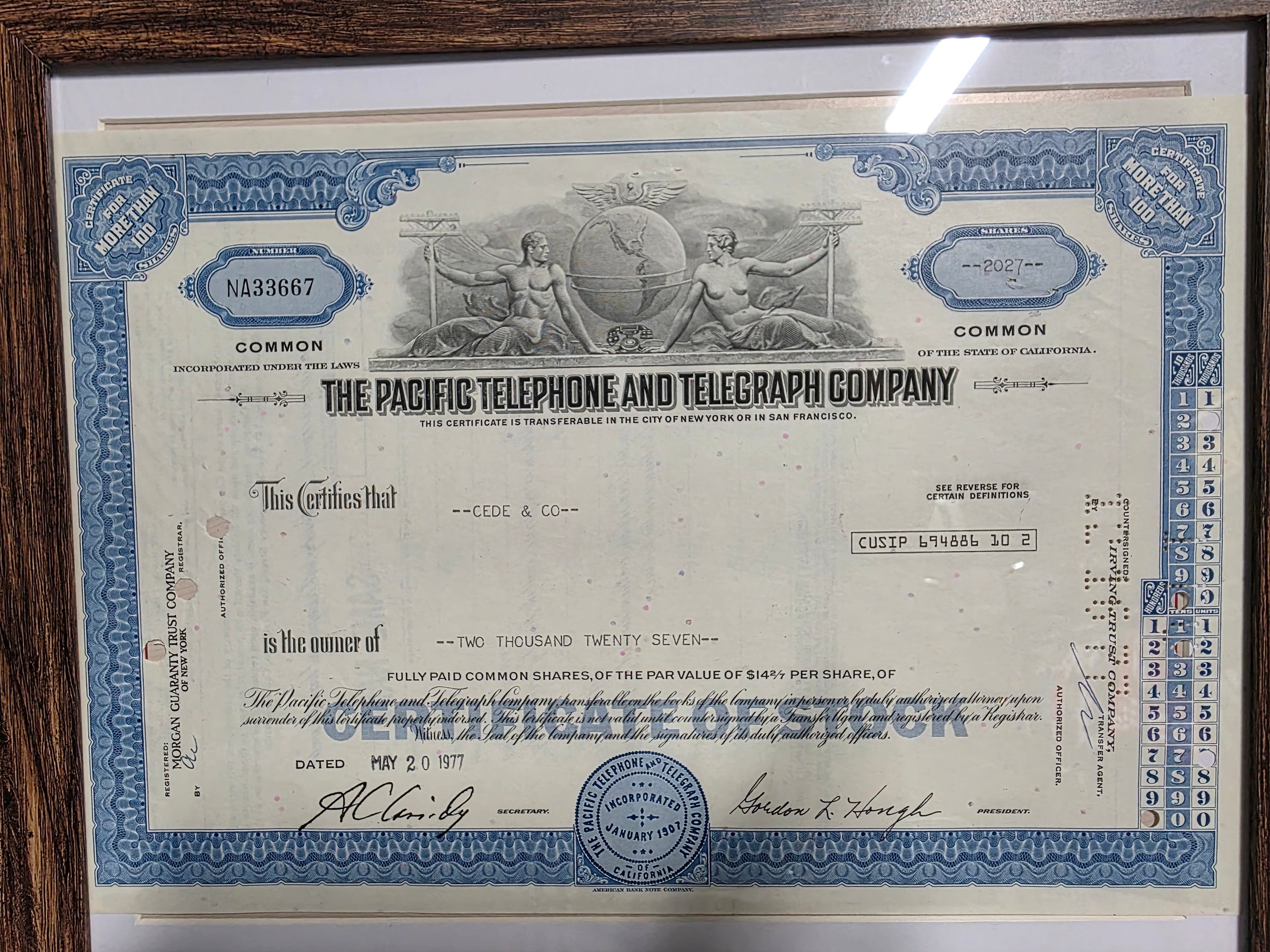 Vintage Pacific Telephone Telegraph Company Framed Stock Certificate Wall Art