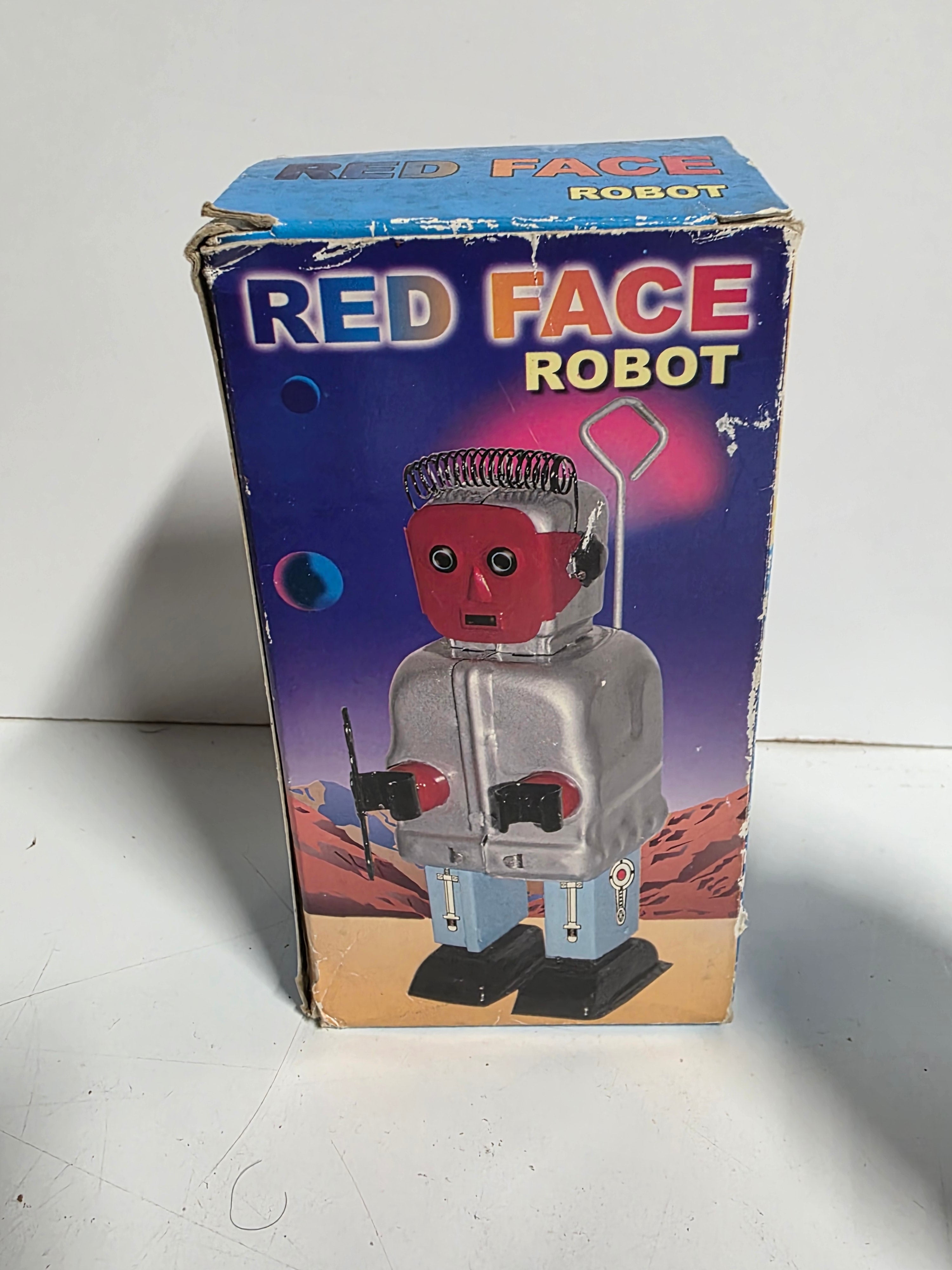 Vintage Red Face Robot Tin Wind Up Toy MS 413 Boxed Collectible Display Figure