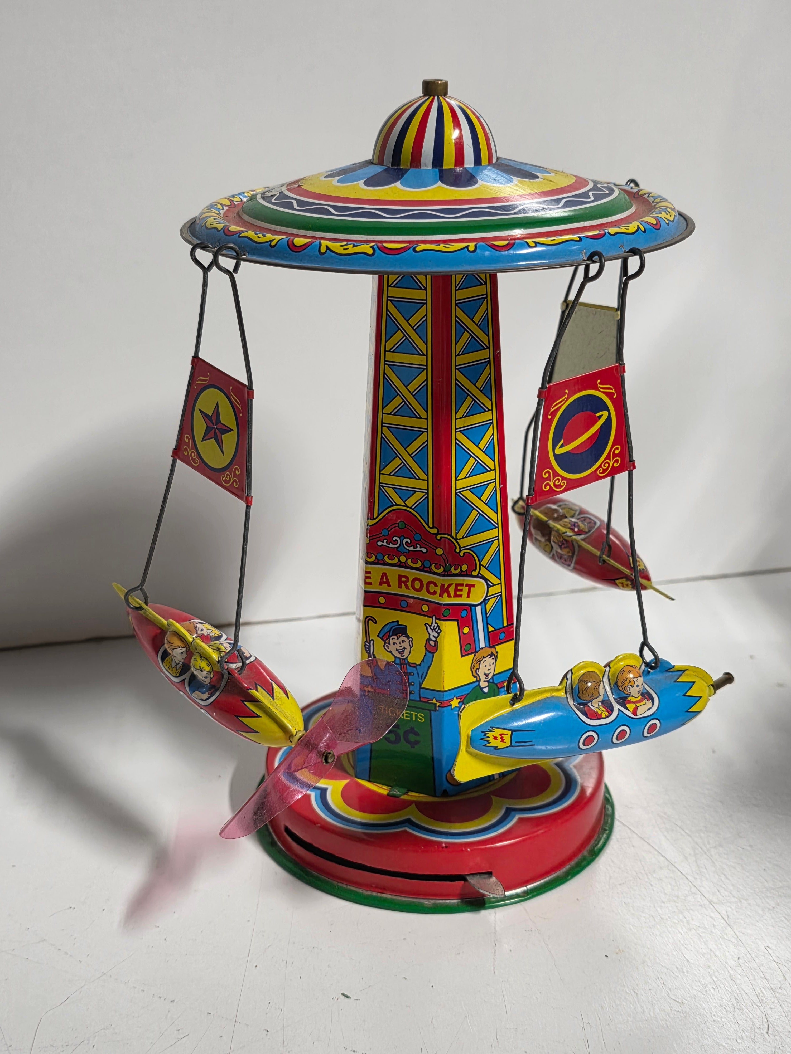 Vintage Schylling Ride A Rocket Tin Carousel Toy Space Ride Display Collectible
