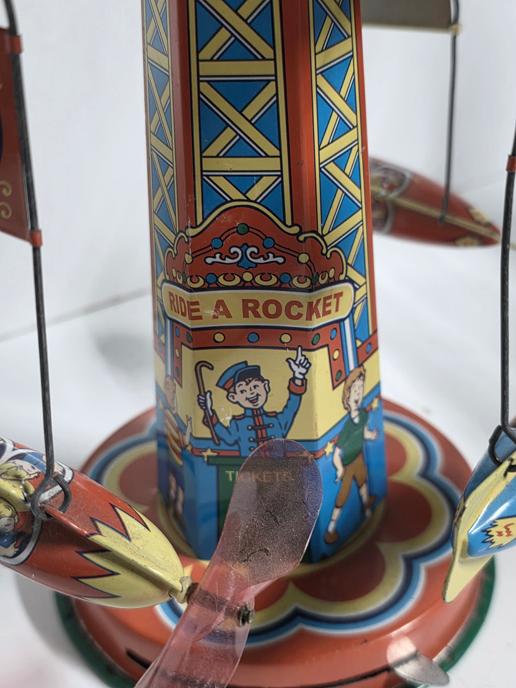 Vintage Schylling Ride A Rocket Tin Carousel Toy Space Ride Display Collectible