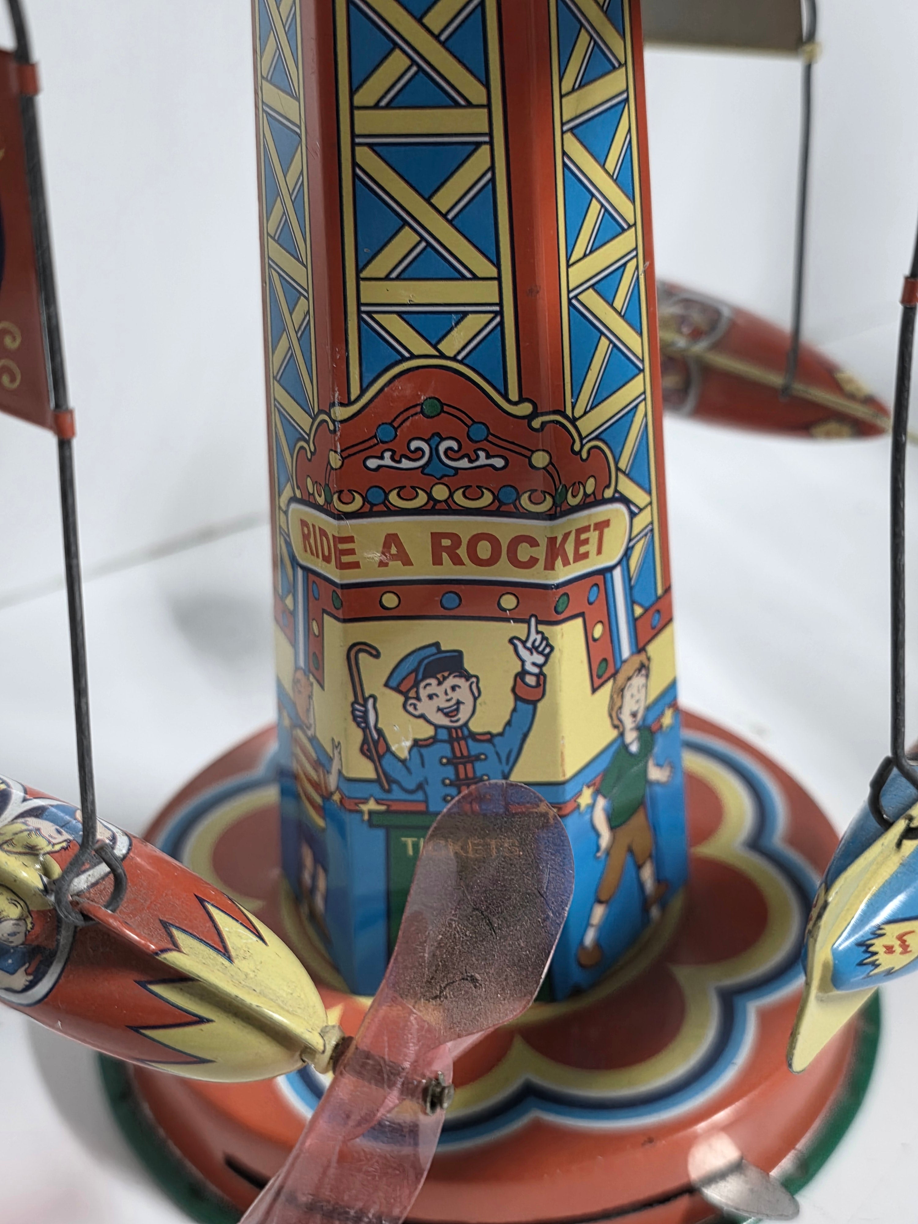 Vintage Schylling Ride A Rocket Tin Carousel Toy Space Ride Display Collectible
