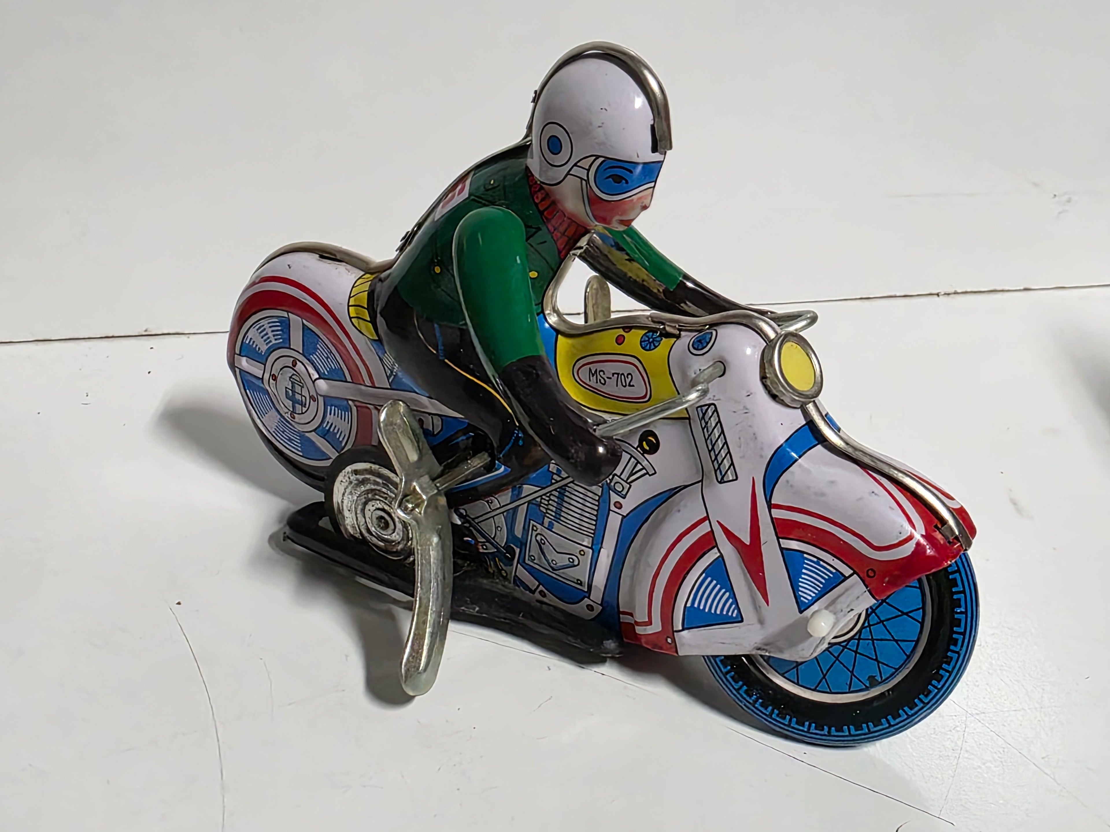 Vintage Style Tin Wind Up Motorcycle Rider MS 702 Lithographed Toy Collectible