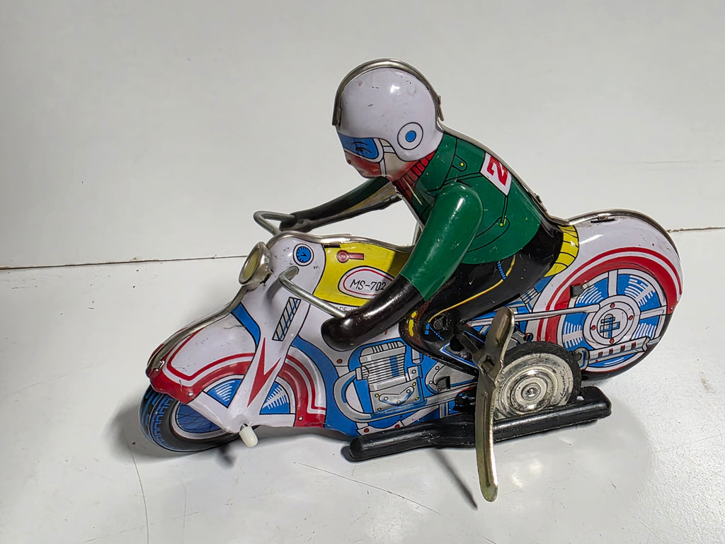 Vintage Style Tin Wind Up Motorcycle Rider MS 702 Lithographed Toy Collectible