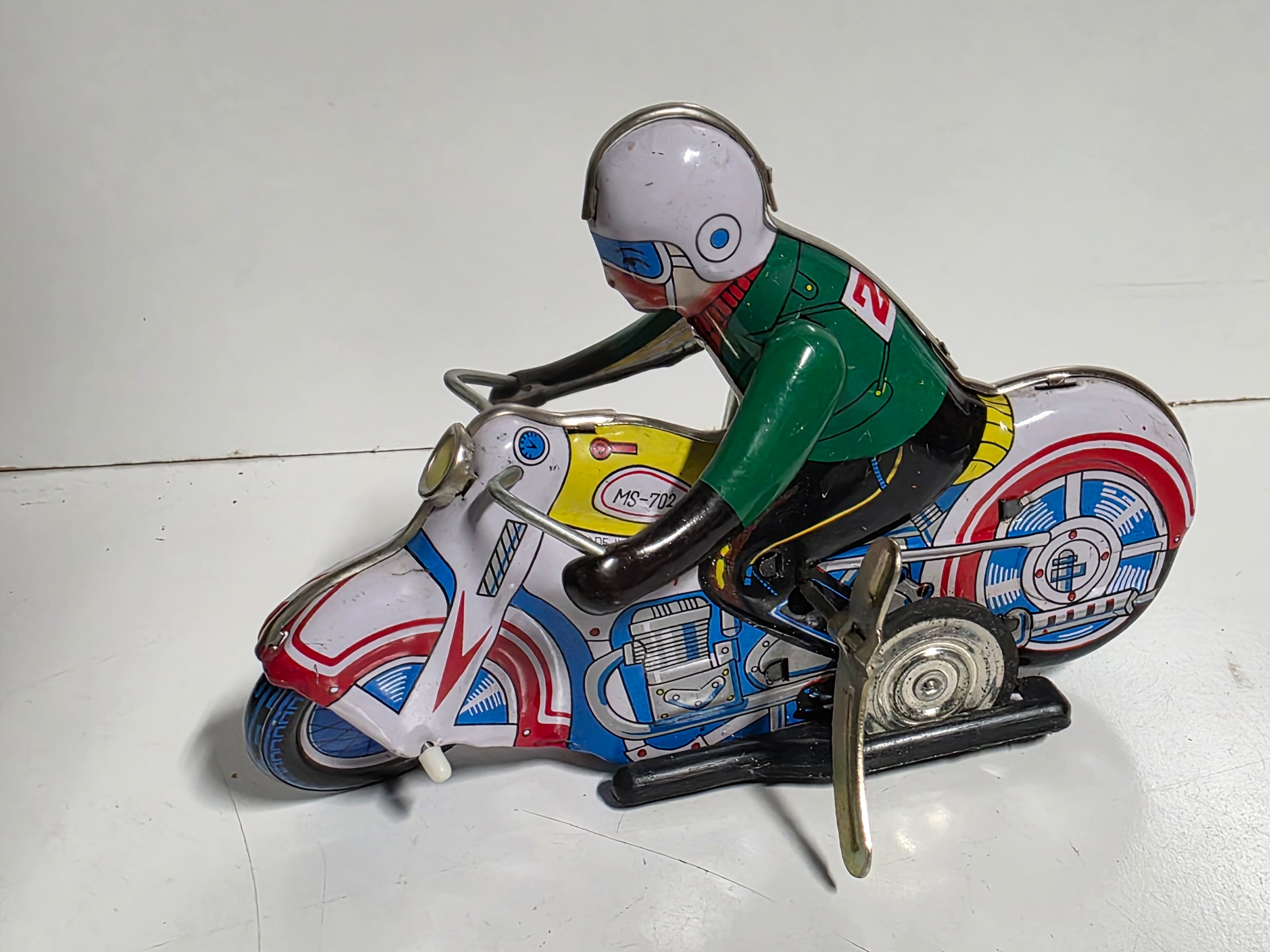 Vintage Style Tin Wind Up Motorcycle Rider MS 702 Lithographed Toy Collectible