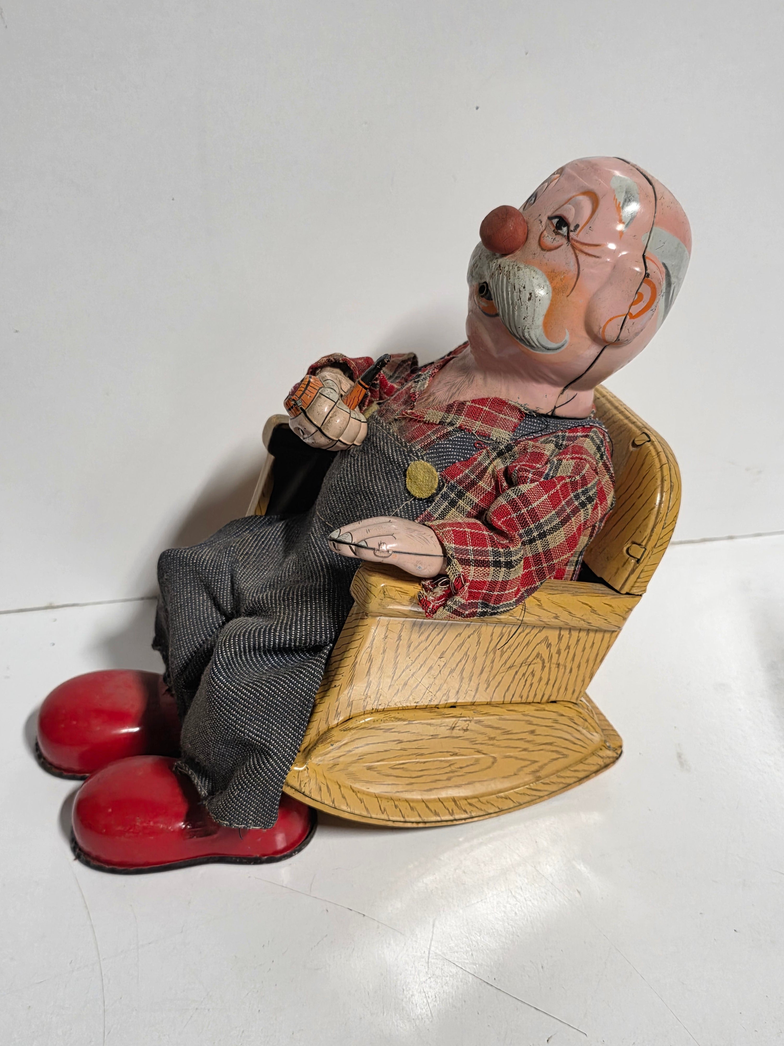 Vintage Seated Smoking Man Wind Up Tin Toy Mechanical Figure Collectible Display