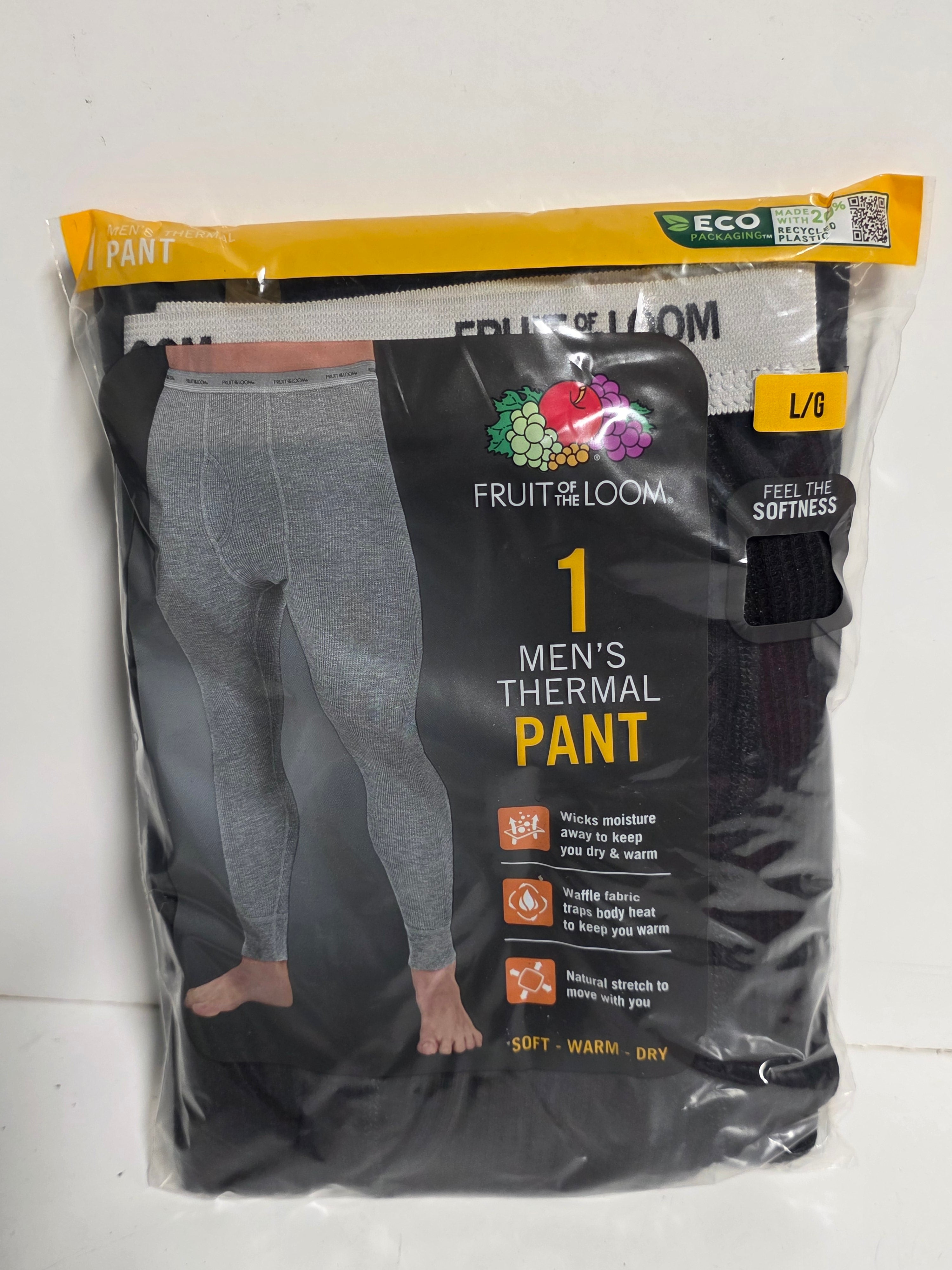 Fruit Of The Loom Mens Thermal Pant Black Soot Large Warm Base Layer Winter Wear