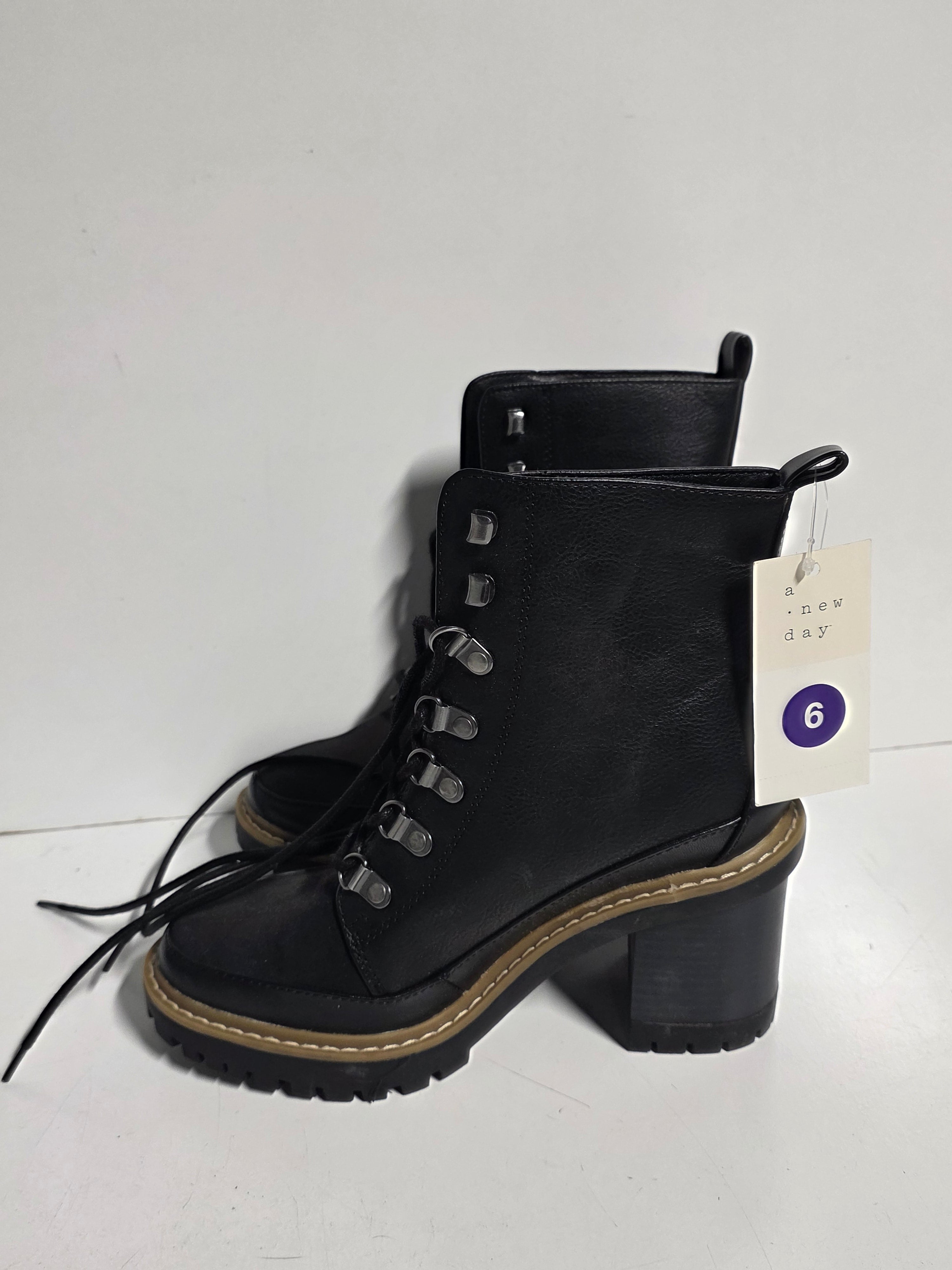A New Day Women’s Black Lace-Up Block Heel Ankle Boots Size 6 Classic Style