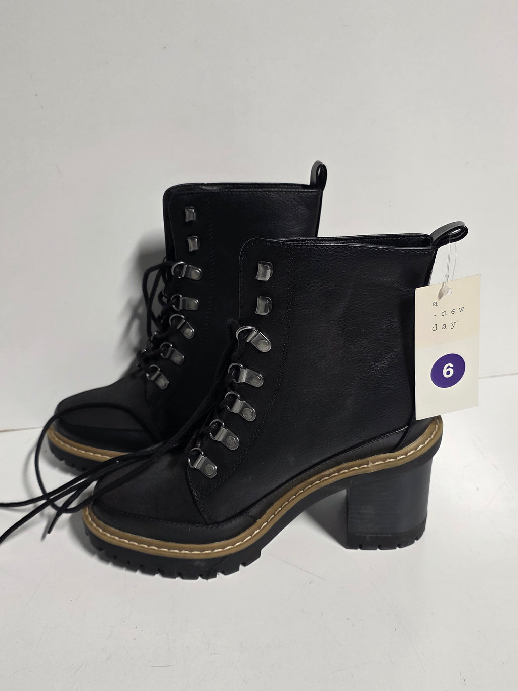 A New Day Women’s Black Lace-Up Block Heel Ankle Boots Size 6 Classic Style