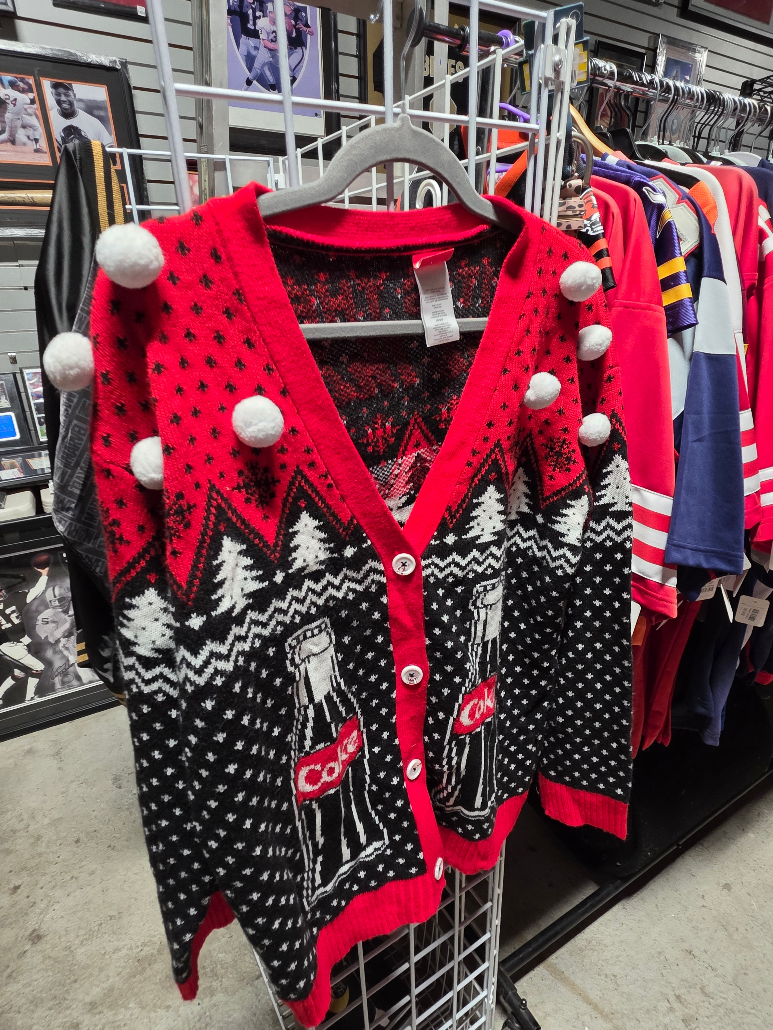 Coca Cola Holiday Knit Cardigan Sweater Pom Pom Ugly Christmas Red Black Size L