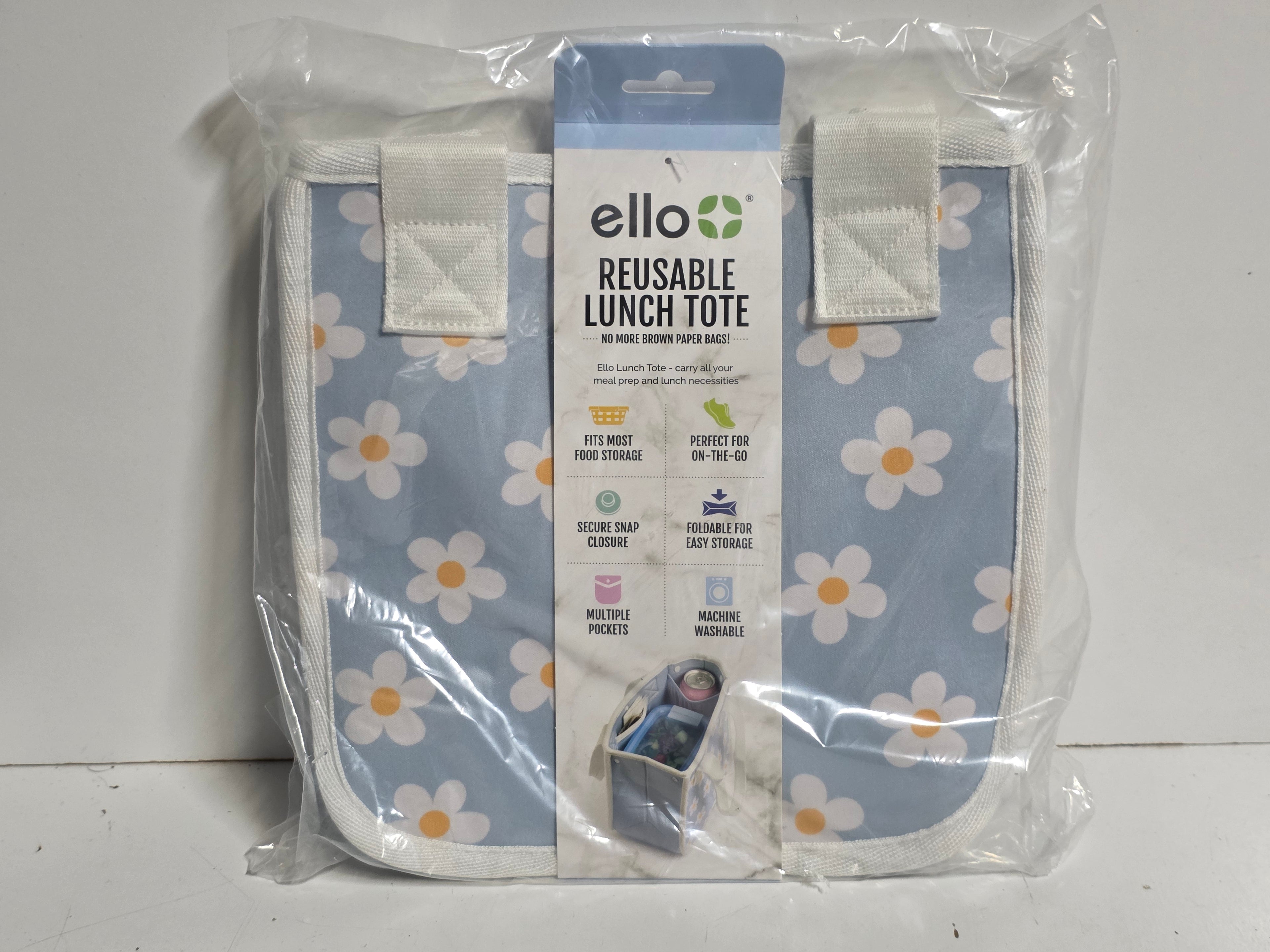 Ello Reusable Lunch Tote Daisy Floral Insulated Foldable Carry Bag Eco Friendly