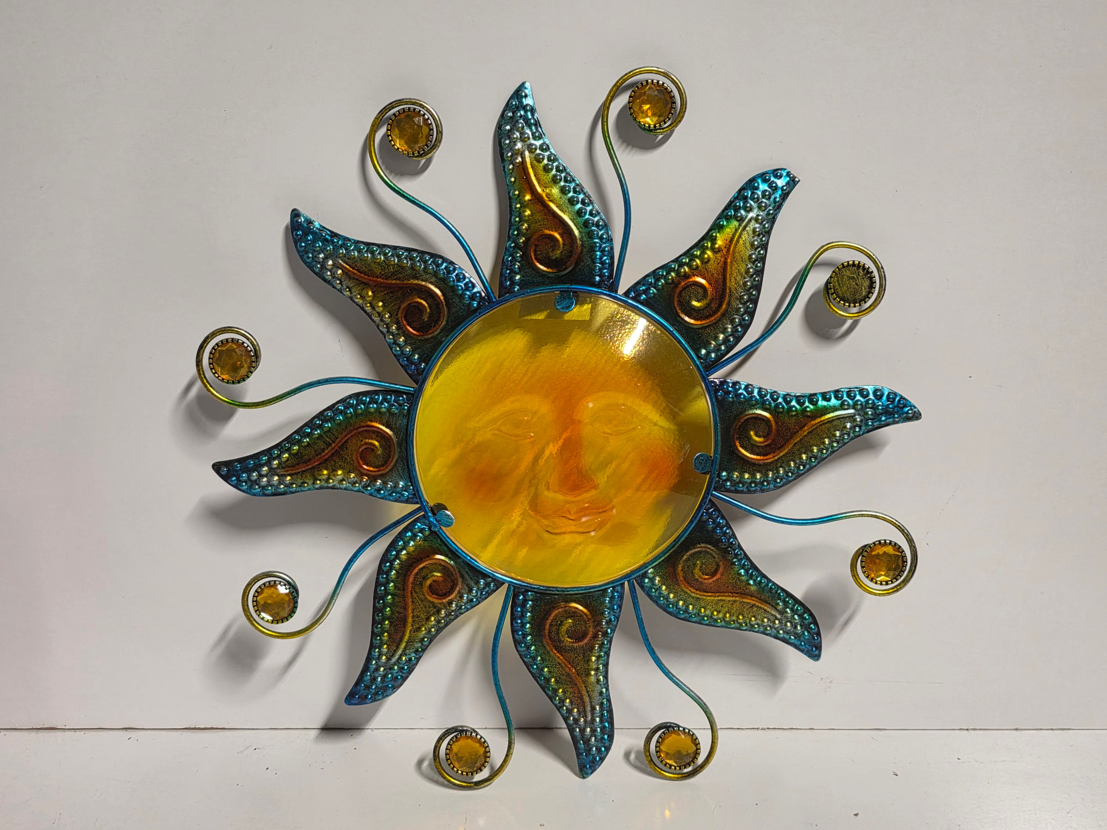 Metal Sun Face Wall Art Teal Gold Outdoor Indoor Decorative Hanging Sculpture