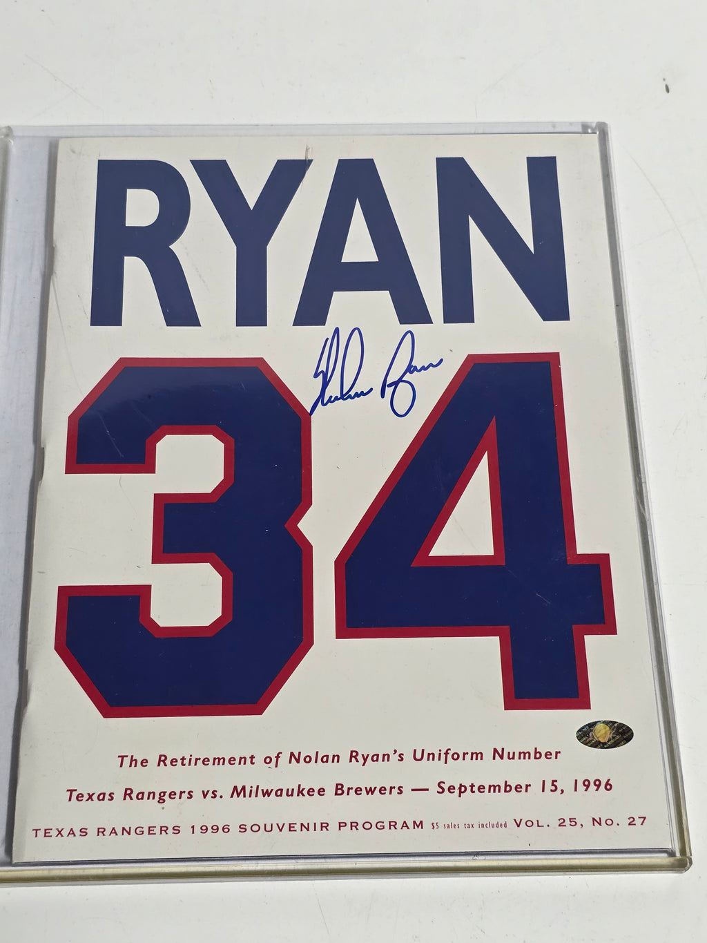 Nolan Ryan Signed Autograph Texas Rangers 1996 Retirement Program Collectible