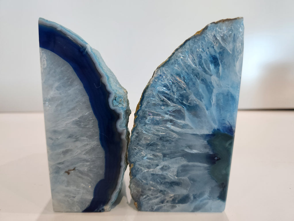 Blue Agate Geode Bookends Natural Crystal Quartz Druzy Polished Stone Decor