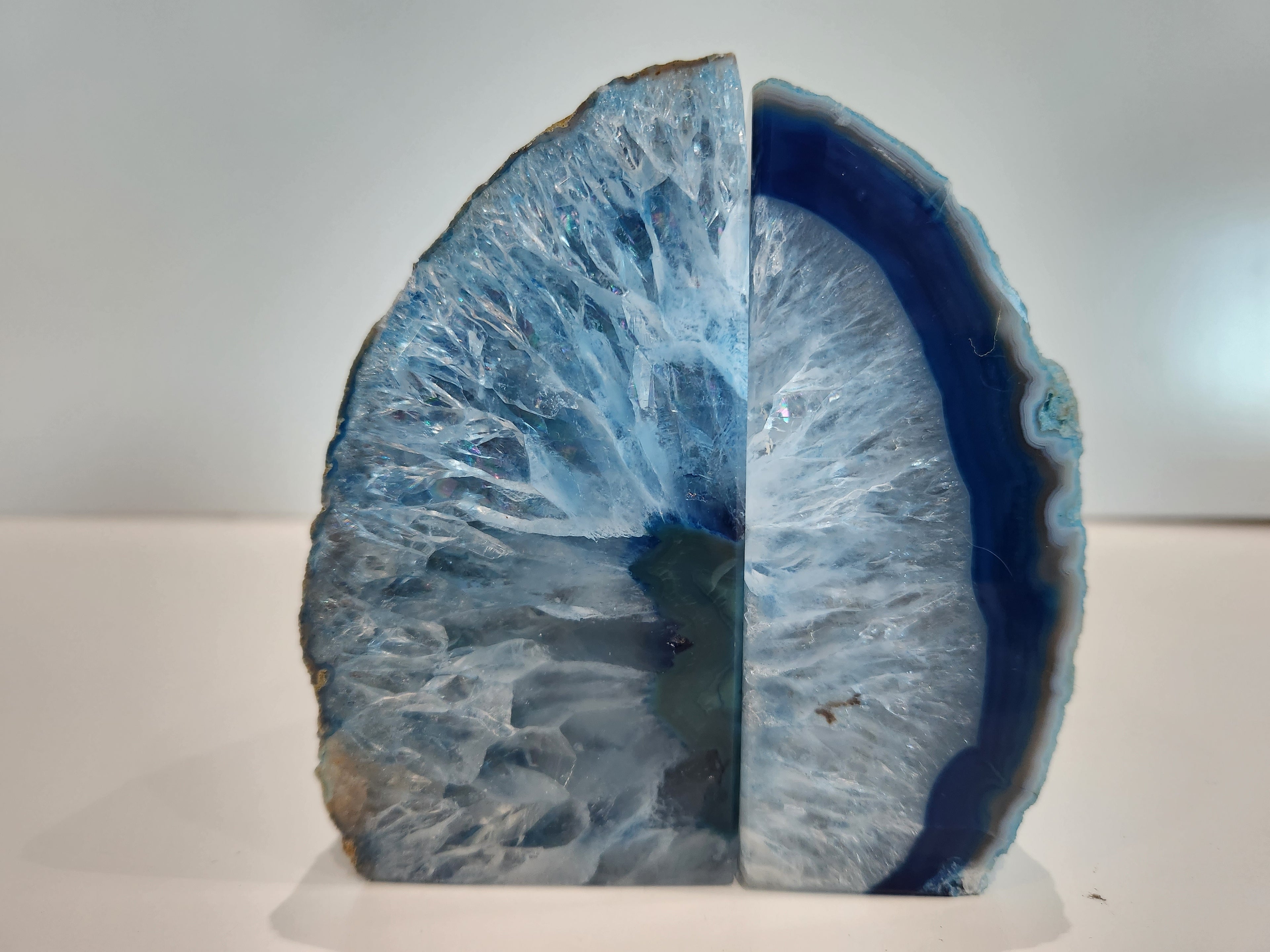 Blue Agate Geode Bookends Natural Crystal Quartz Druzy Polished Stone Decor