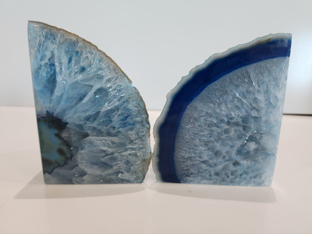 Blue Agate Geode Bookends Natural Crystal Quartz Druzy Polished Stone Decor