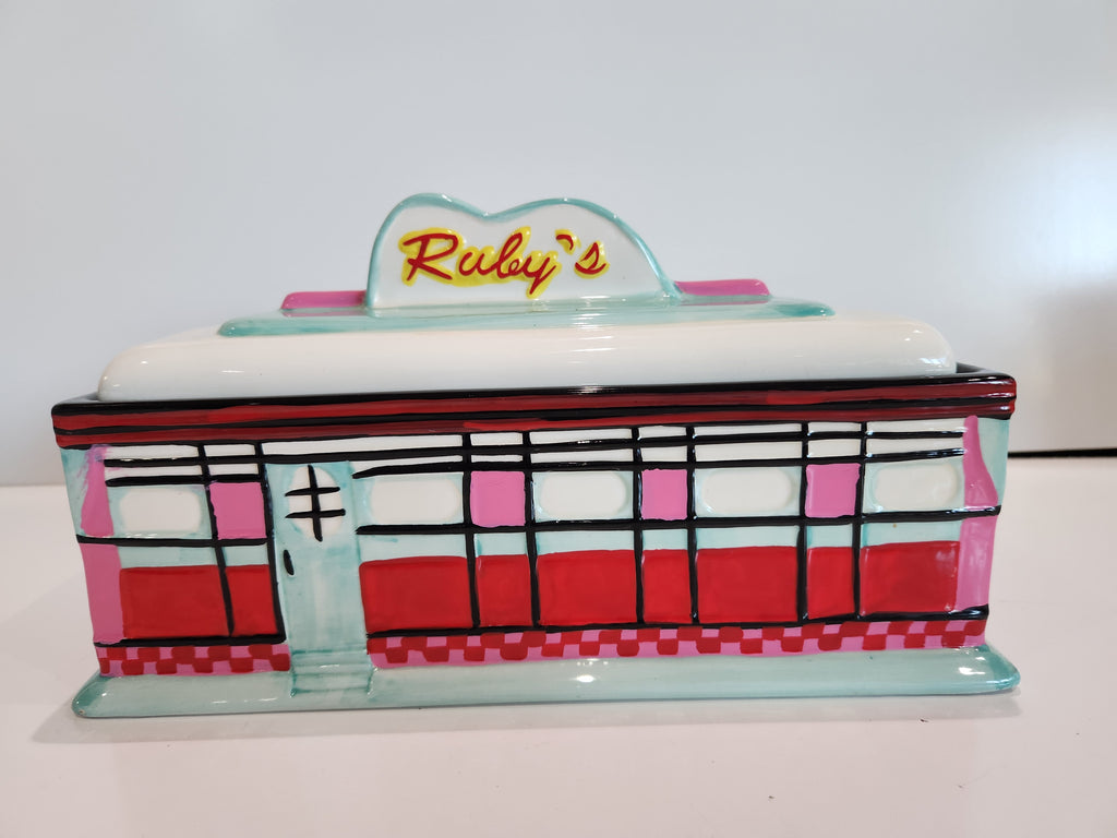 Vintage WMG Ruby’s Diner Restaurant Building Ceramic Cookie Jar w/ Lid