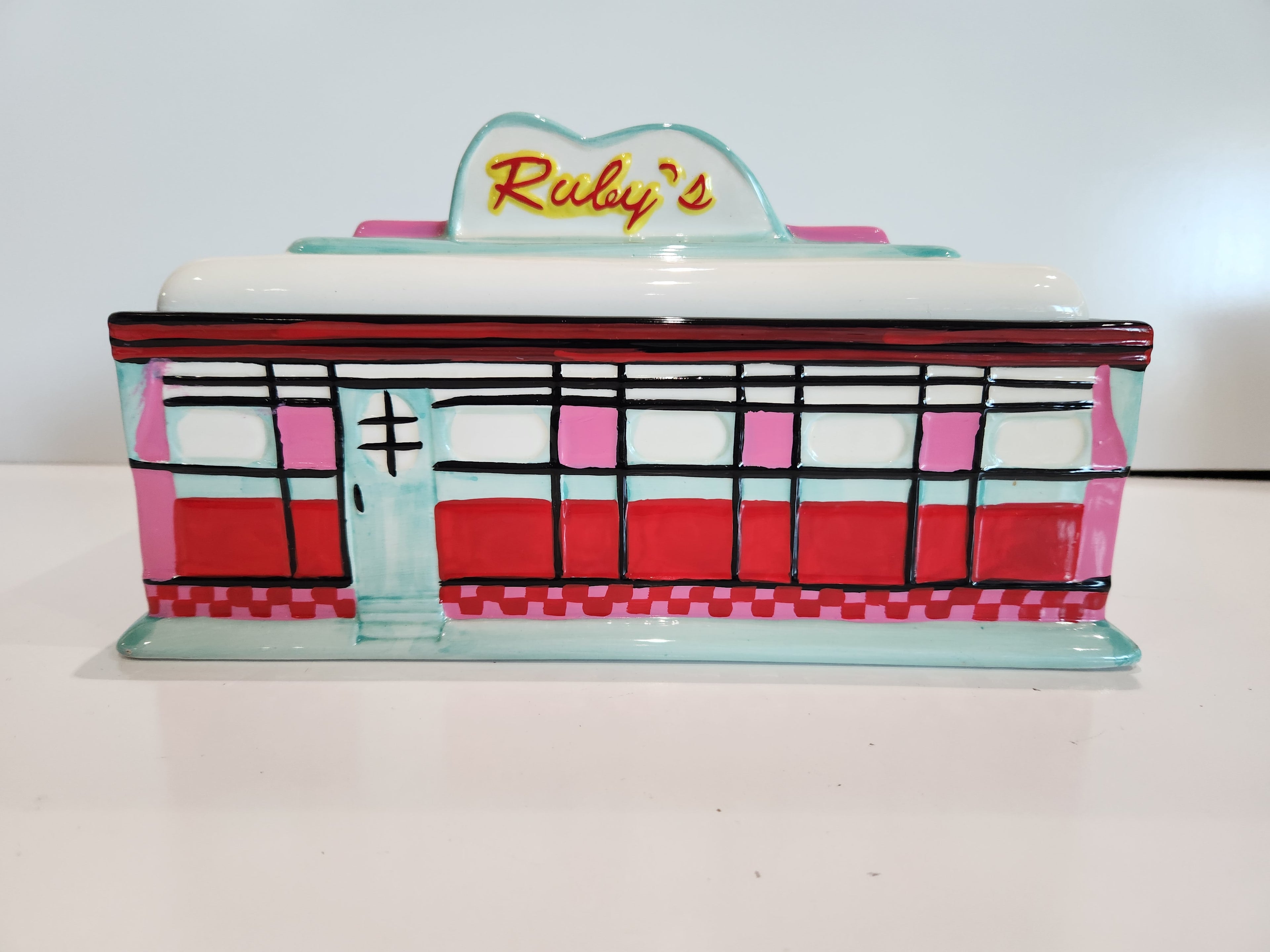 Vintage WMG Ruby’s Diner Restaurant Building Ceramic Cookie Jar w/ Lid