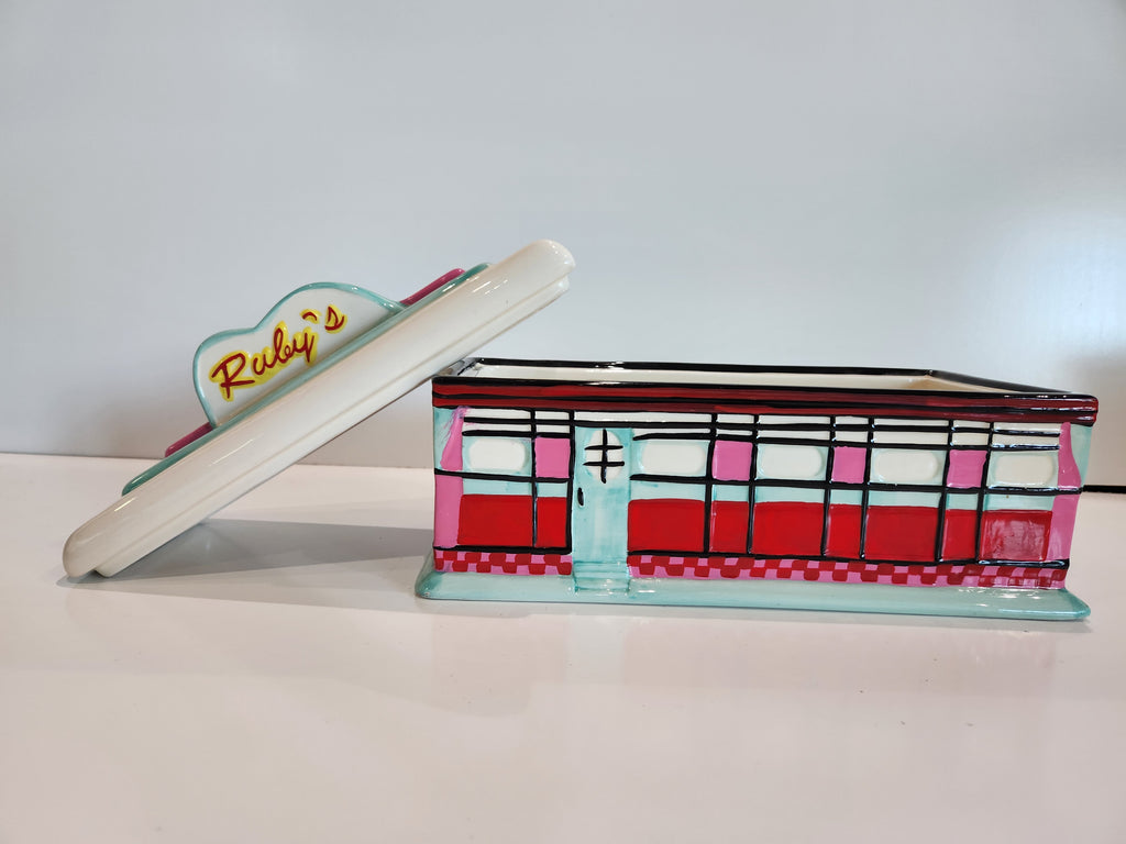Vintage WMG Ruby’s Diner Restaurant Building Ceramic Cookie Jar w/ Lid