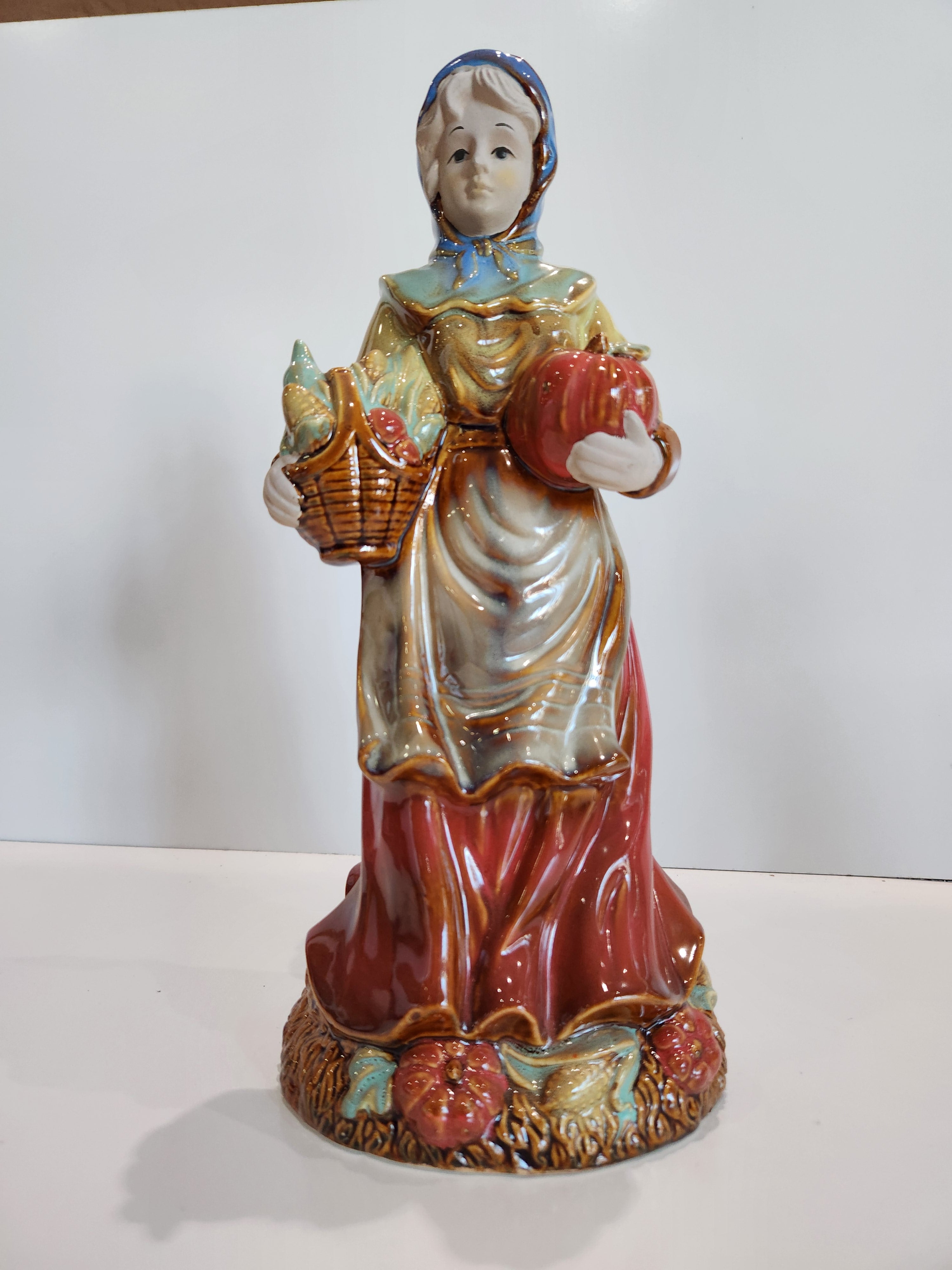 Vintage Ceramic Harvest Lady Figurine Holding Apple Basket Country Decor