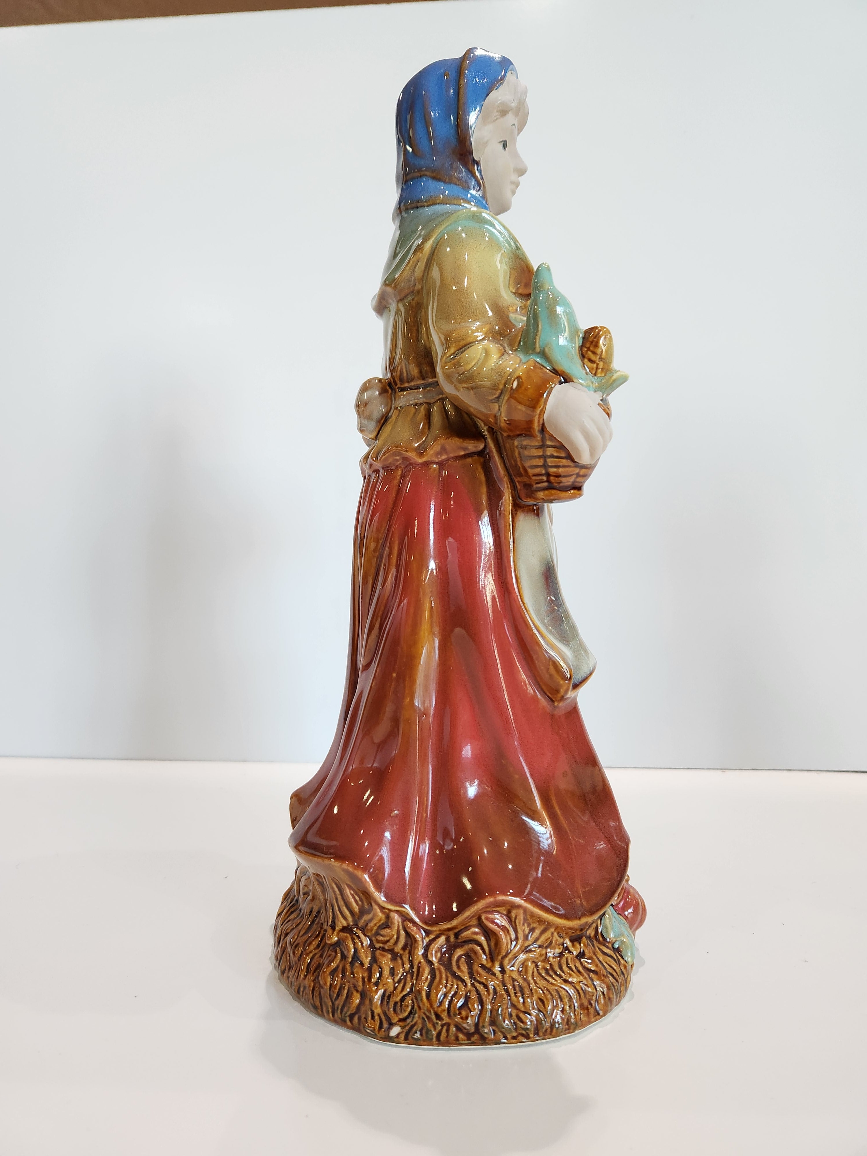 Vintage Ceramic Harvest Lady Figurine Holding Apple Basket Country Decor