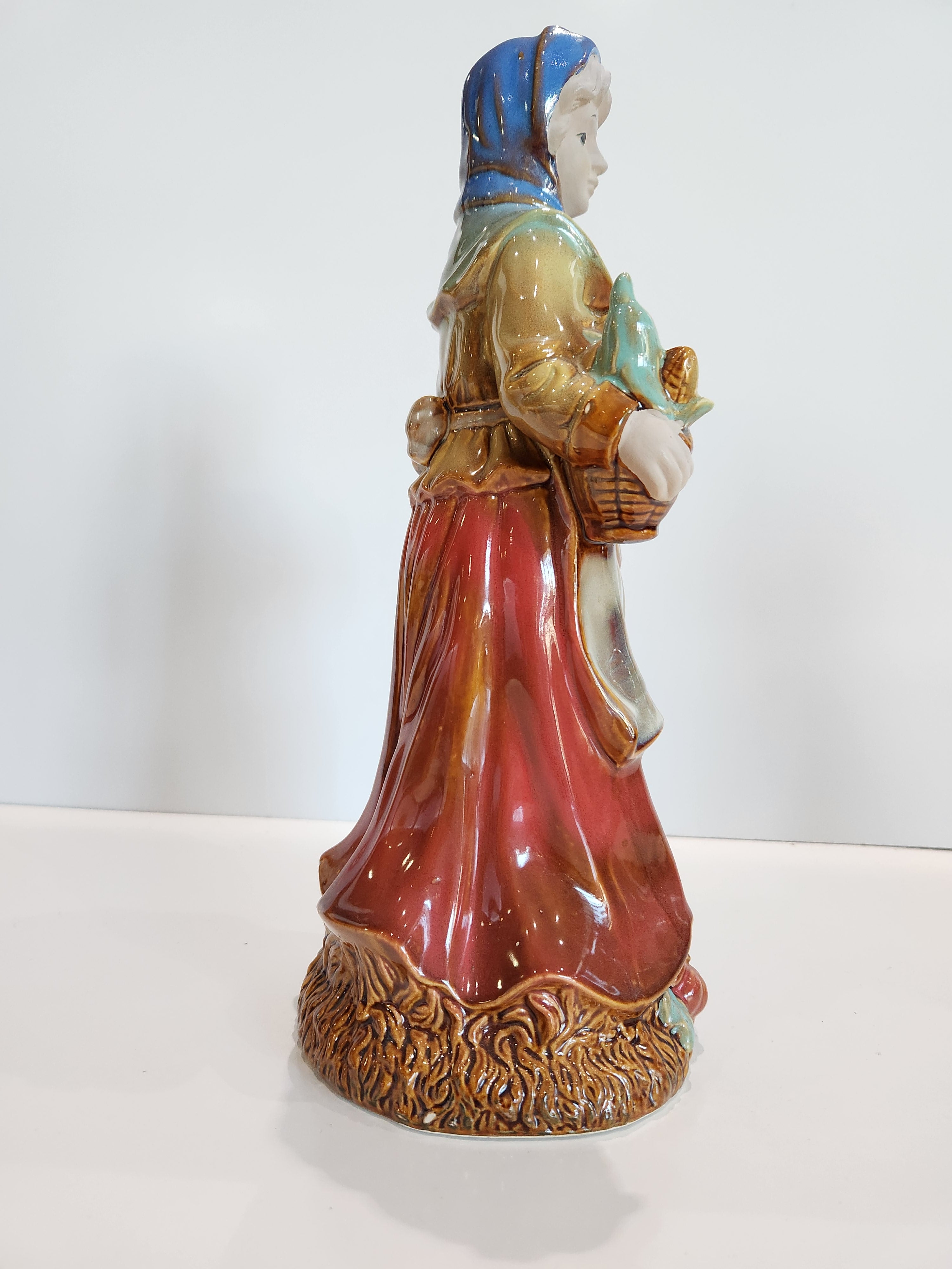 Vintage Ceramic Harvest Lady Figurine Holding Apple Basket Country Decor