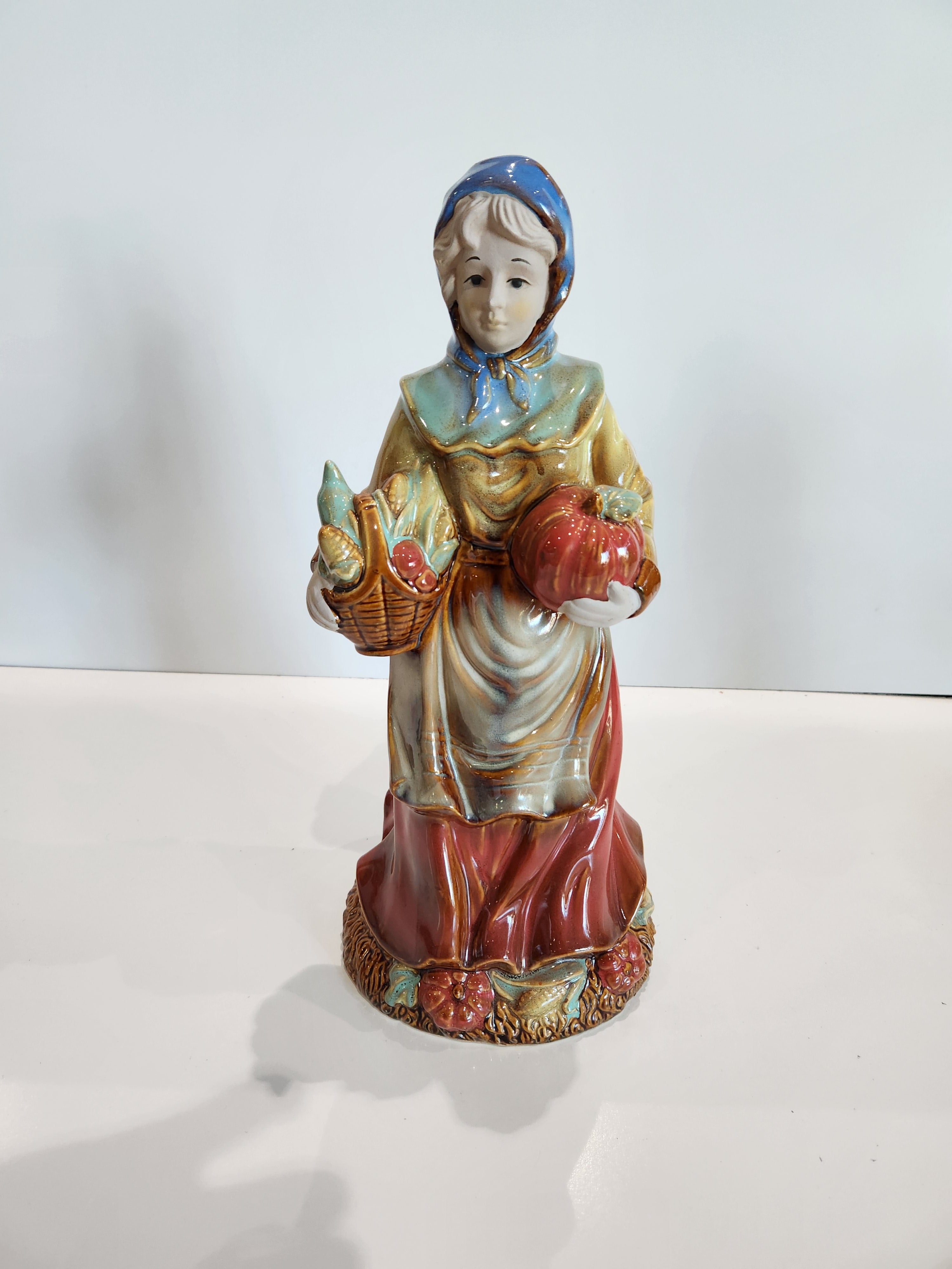 Vintage Ceramic Harvest Lady Figurine Holding Apple Basket Country Decor