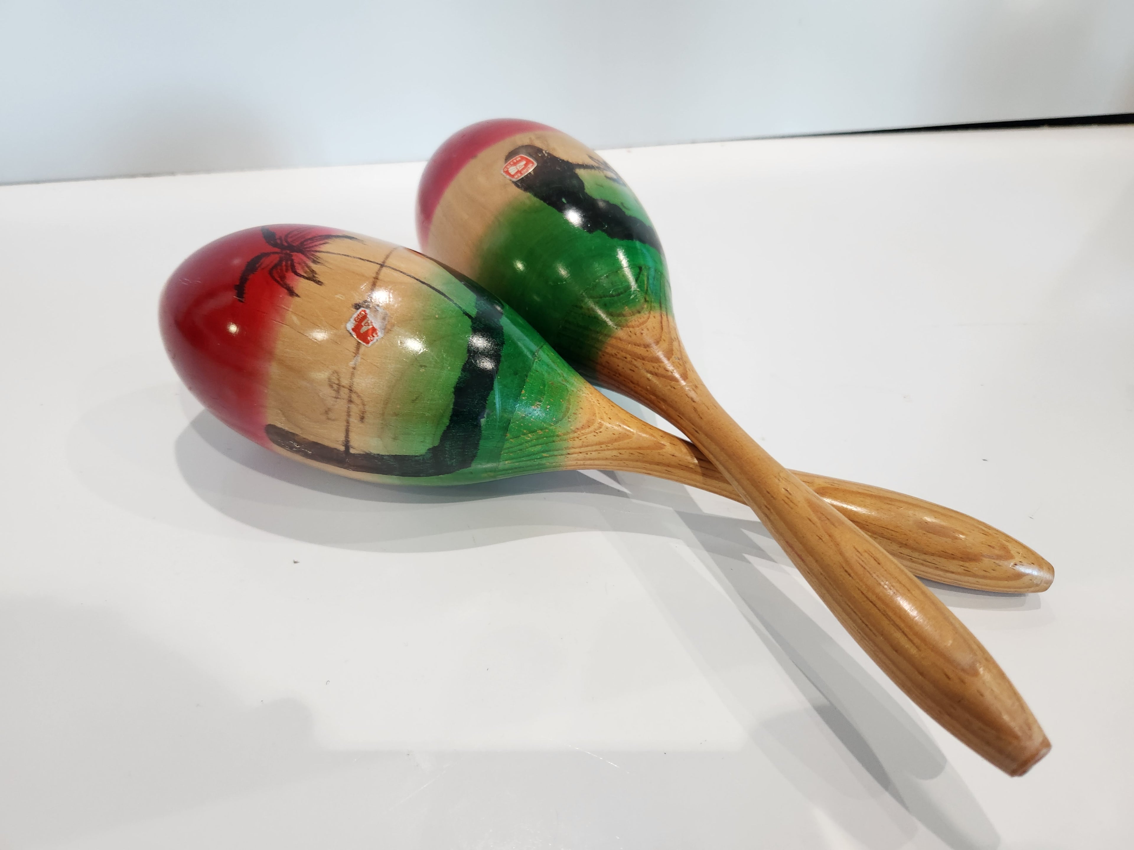 Vintage Mexican Hand Painted Wooden Maracas Pair Folk Art Musical Instrument