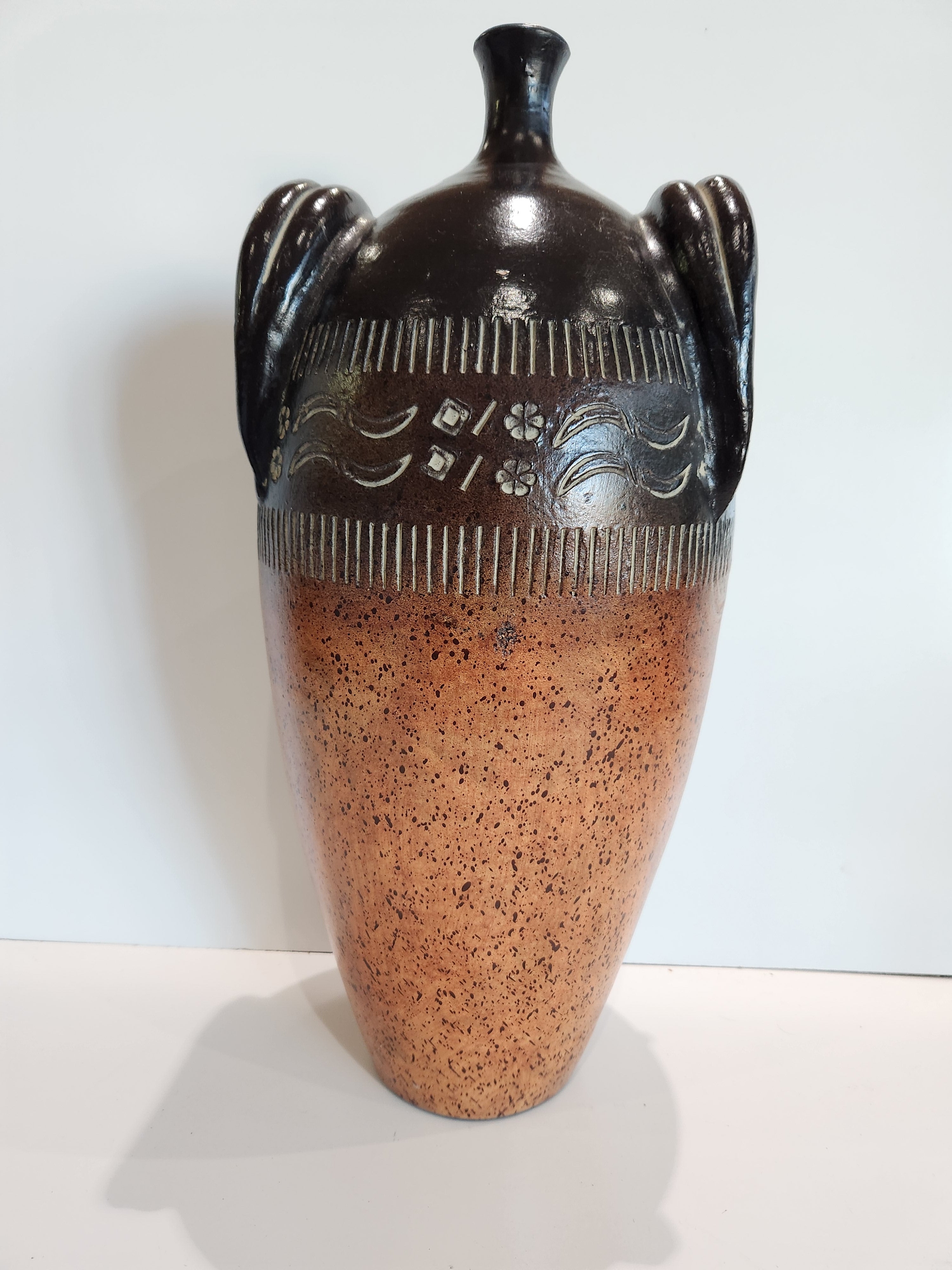 Vintage Large Studio Art Pottery Vase, Faux Handle Ceramic Stoneware Jug Amphora