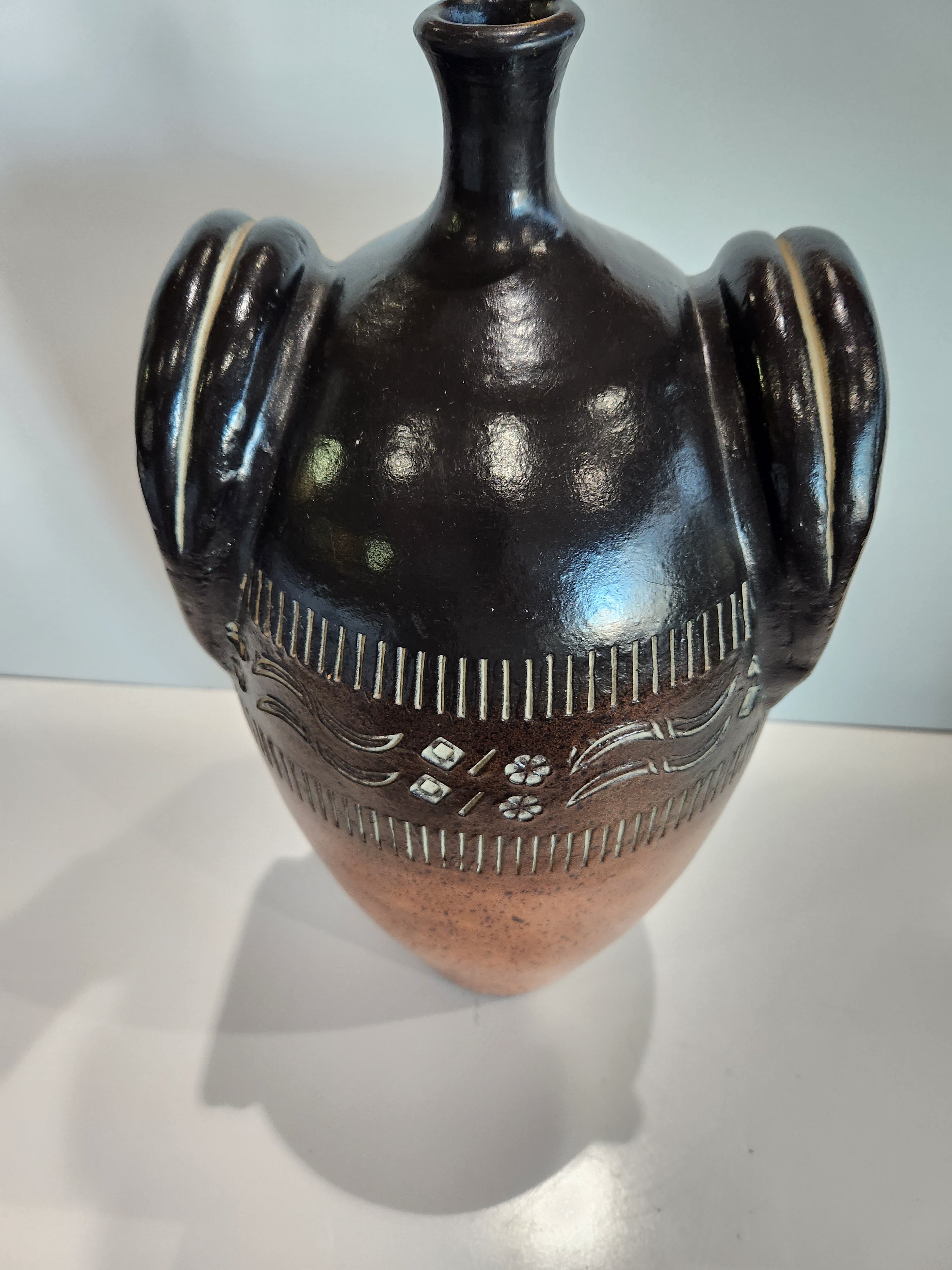 Vintage Large Studio Art Pottery Vase, Faux Handle Ceramic Stoneware Jug Amphora