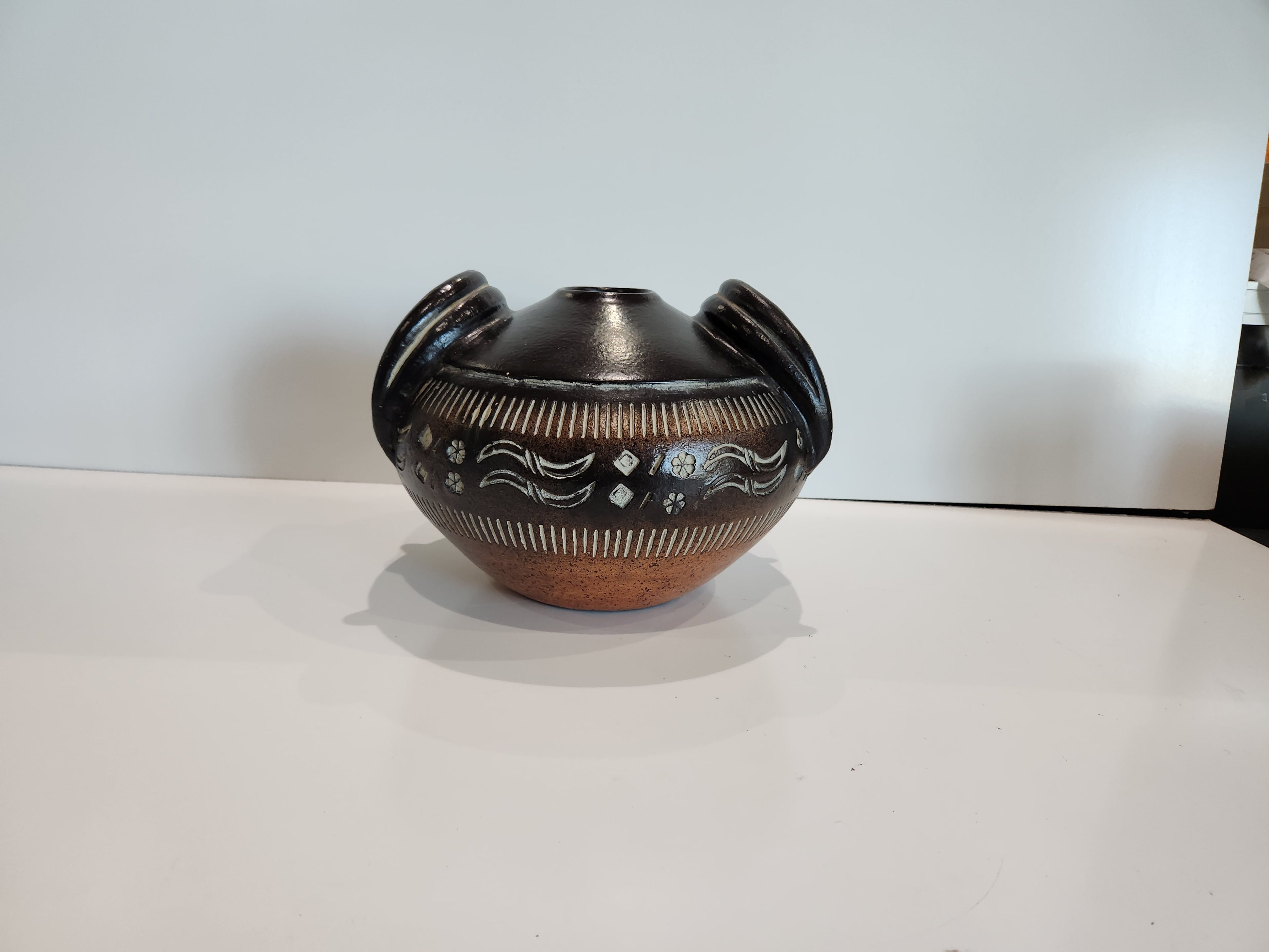 Clay Native American Vessel With Bison Horn Shaped Handles Ceramic Carved VASE