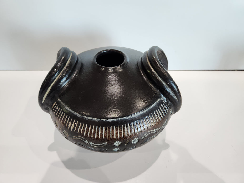 Clay Native American Vessel With Bison Horn Shaped Handles Ceramic Carved VASE